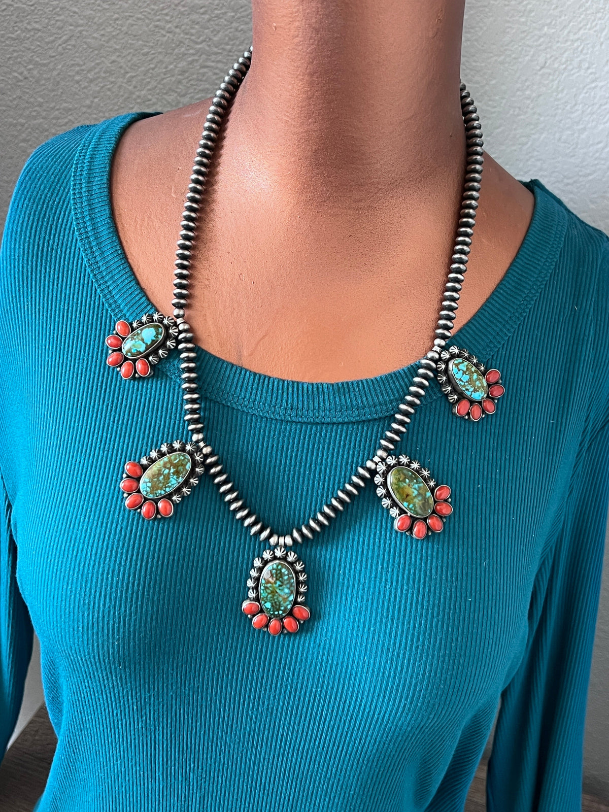 Taos Collection: Handcrafted Sterling Silver, Kingman Turquoise & Mediterranean Red Coral Beaded Necklace