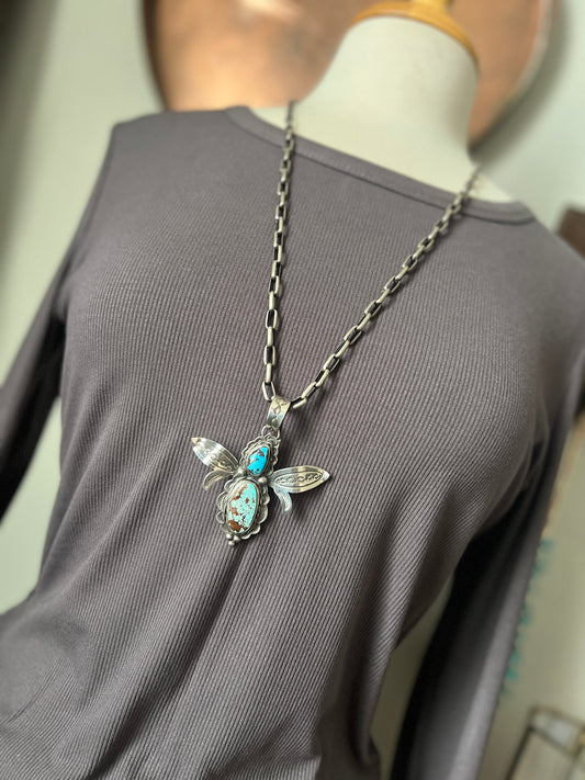 Kimari Somers Hand Stamped Sterling Silver and Turquoise Winged Bug Pendant