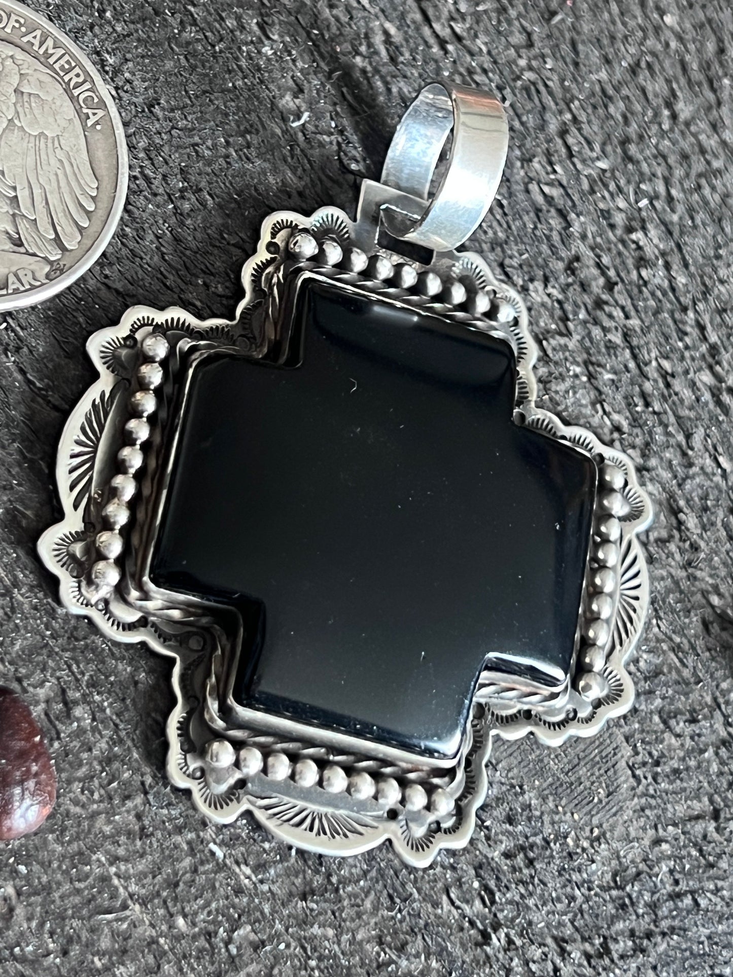 Hand Stamped Sterling Silver & Black Marble Santa Fe Cross Pendant by Kimari Somers