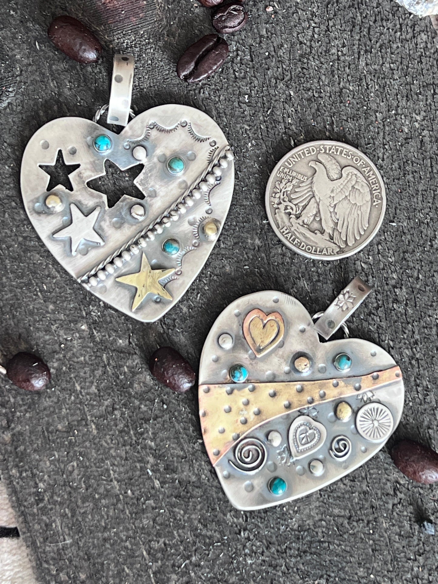 Hand Stamped Sterling Silver & Turquoise Heart Pendants w/ Brass Accents by Kimari Somers