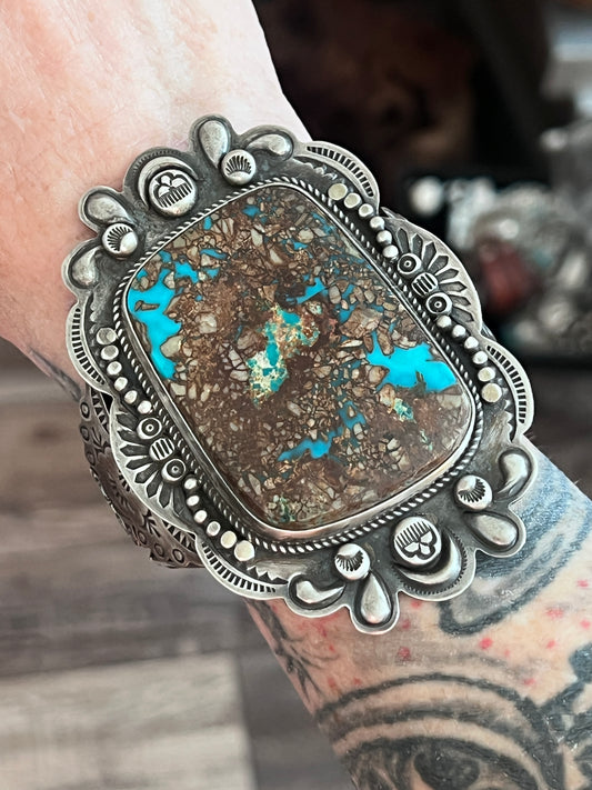 Chunky Dean Sandoval Sterling Silver and Pilot Mountain Turquoise Thunderbird Cuff Bracelet