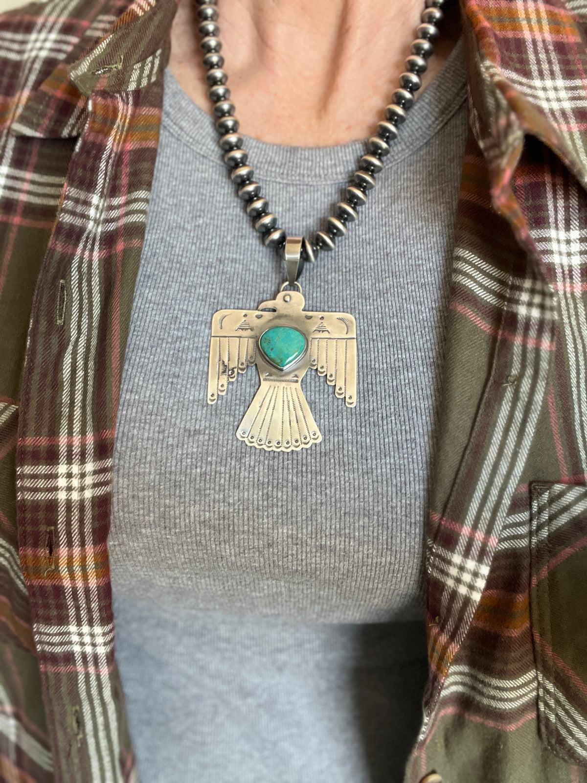 Kimari Somers Hand Stamped Sterling Silver & Kingman Turquoise Thunderbird Pendant 1