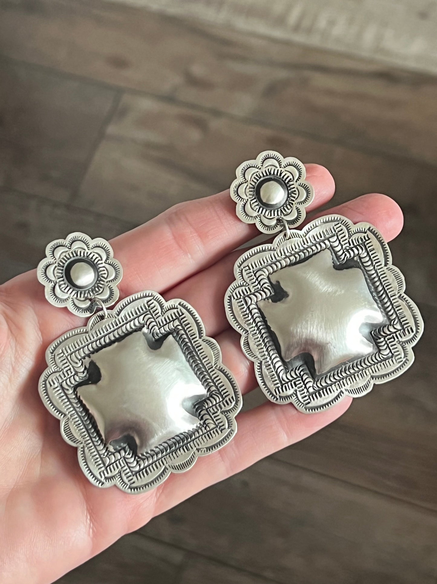 Handmade Navajo Sterling Silver Stamped Repousse Santa Fe Cross Earrings by Leander Tahe, C3