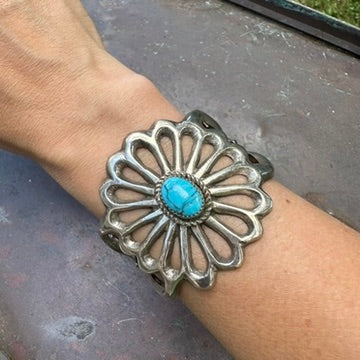 Vintage Cast Sterling Silver Turquoise Flower Cuff Bracelet, Signed RM