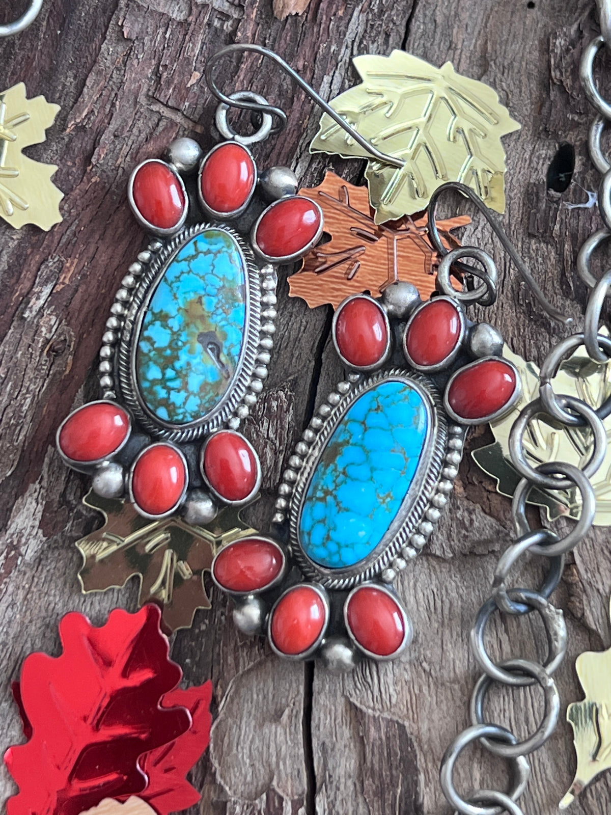 Taos Collection: Kathleen Chavez Sterling Silver, Kingman Turquoise & Mediterranean Coral Necklace and Earrings Set
