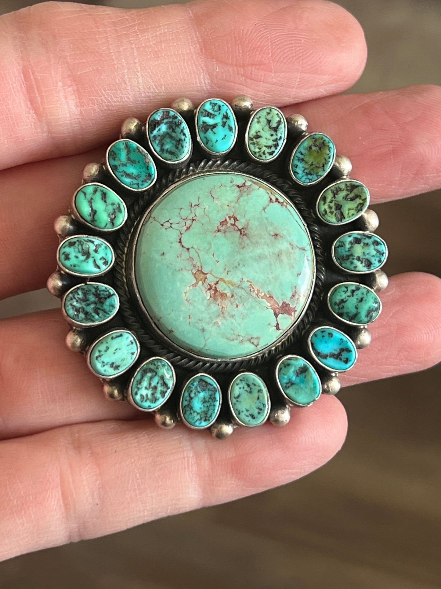 Navajo Sterling Silver Around The World Kingman Cluster Ring by Blaine Yellowhorse, Size 7.5