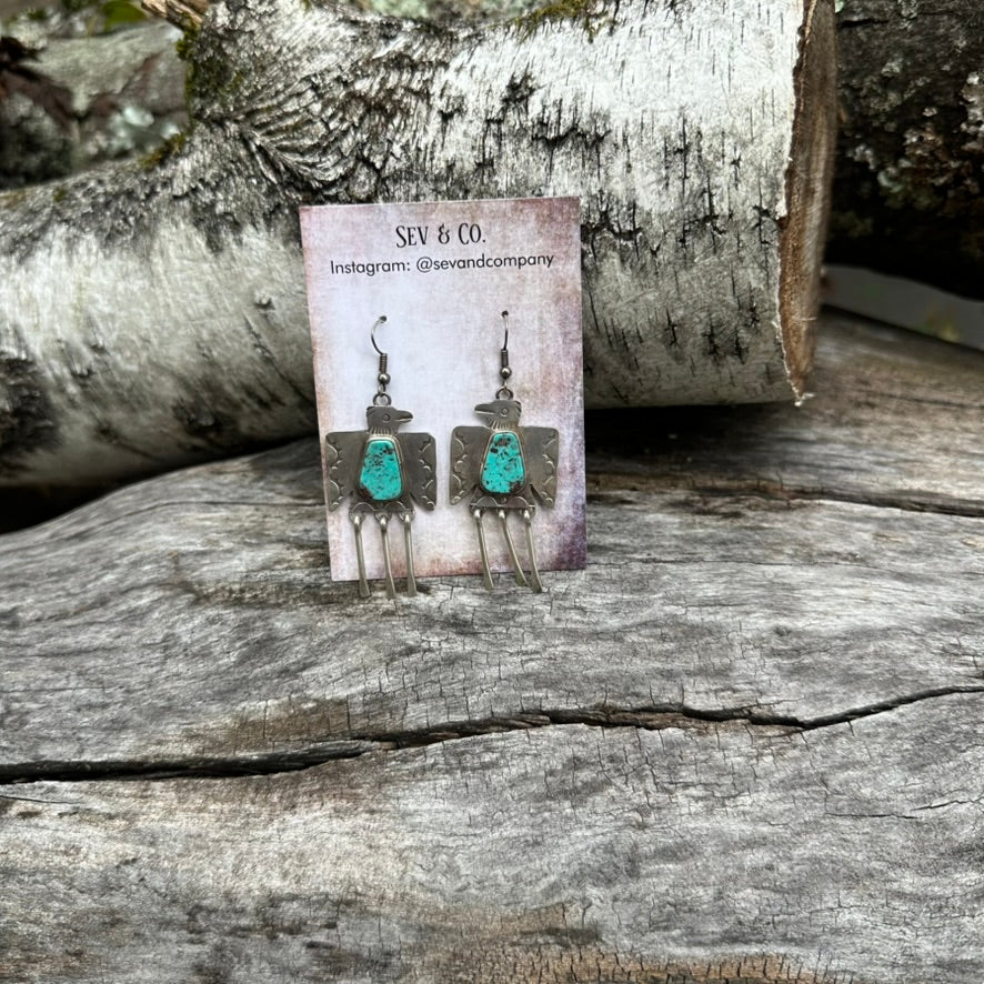 Native Made Turquoise and Sterling Silver Fringe Thunderbird Earrings by Vernon Begay