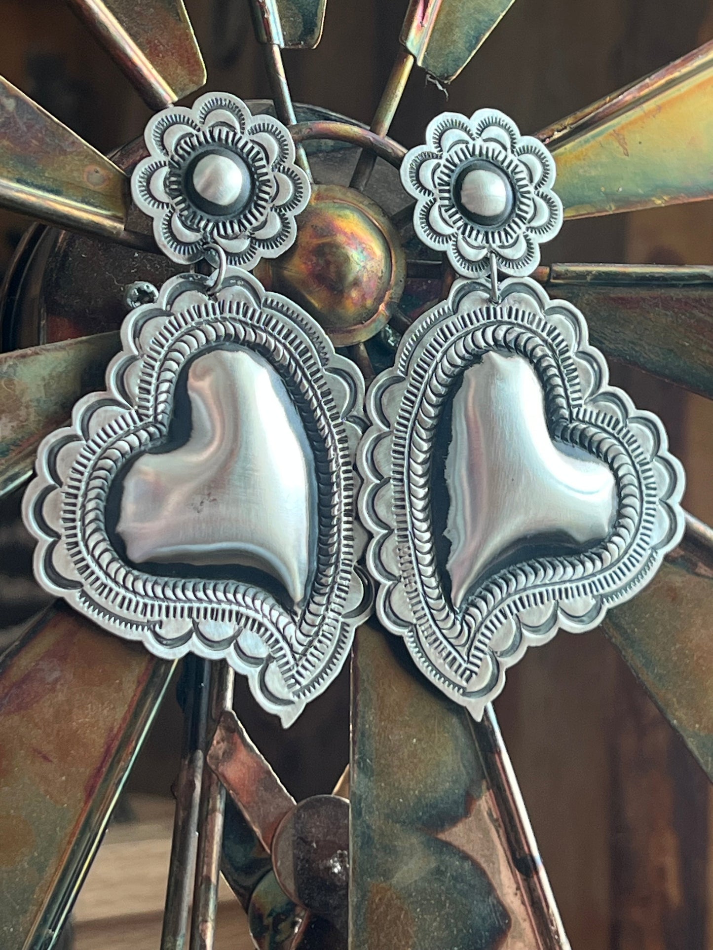 Handmade Navajo Sterling Silver Stamped Repousse Heart Earrings by Leander Tahe, AH1