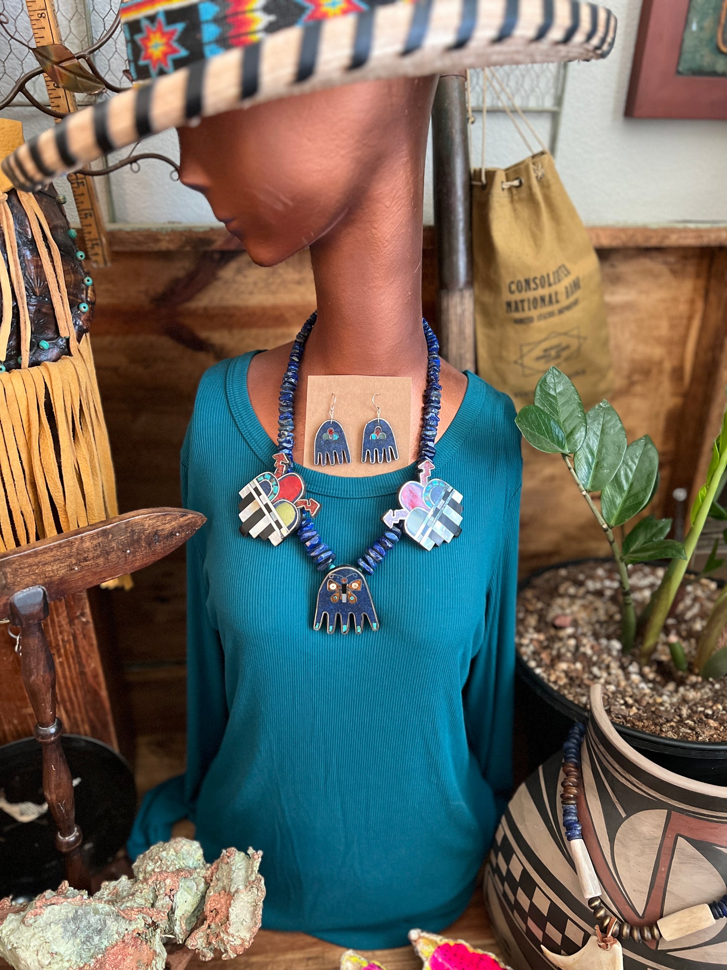 Warren Nieto Sterling Silver and Inlaid Stone Healing Hand and Monsoon Storm Cloud Necklace & Earrings Set