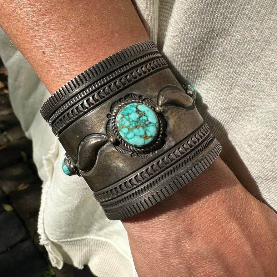 Navajo Made Sterling Silver Turquoise Wonder Woman Cuff Bracelet, Signed Albert Jake