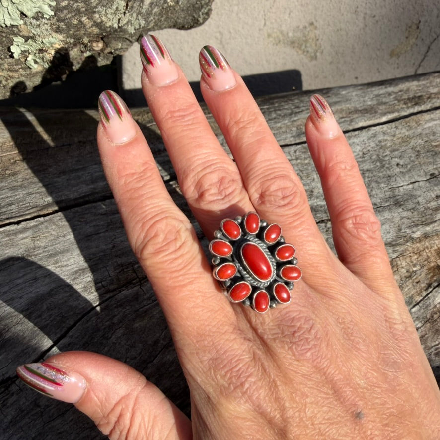 Navajo Sterling Silver Mediterranean Coral Cluster Ring Signed by Leon Martinez