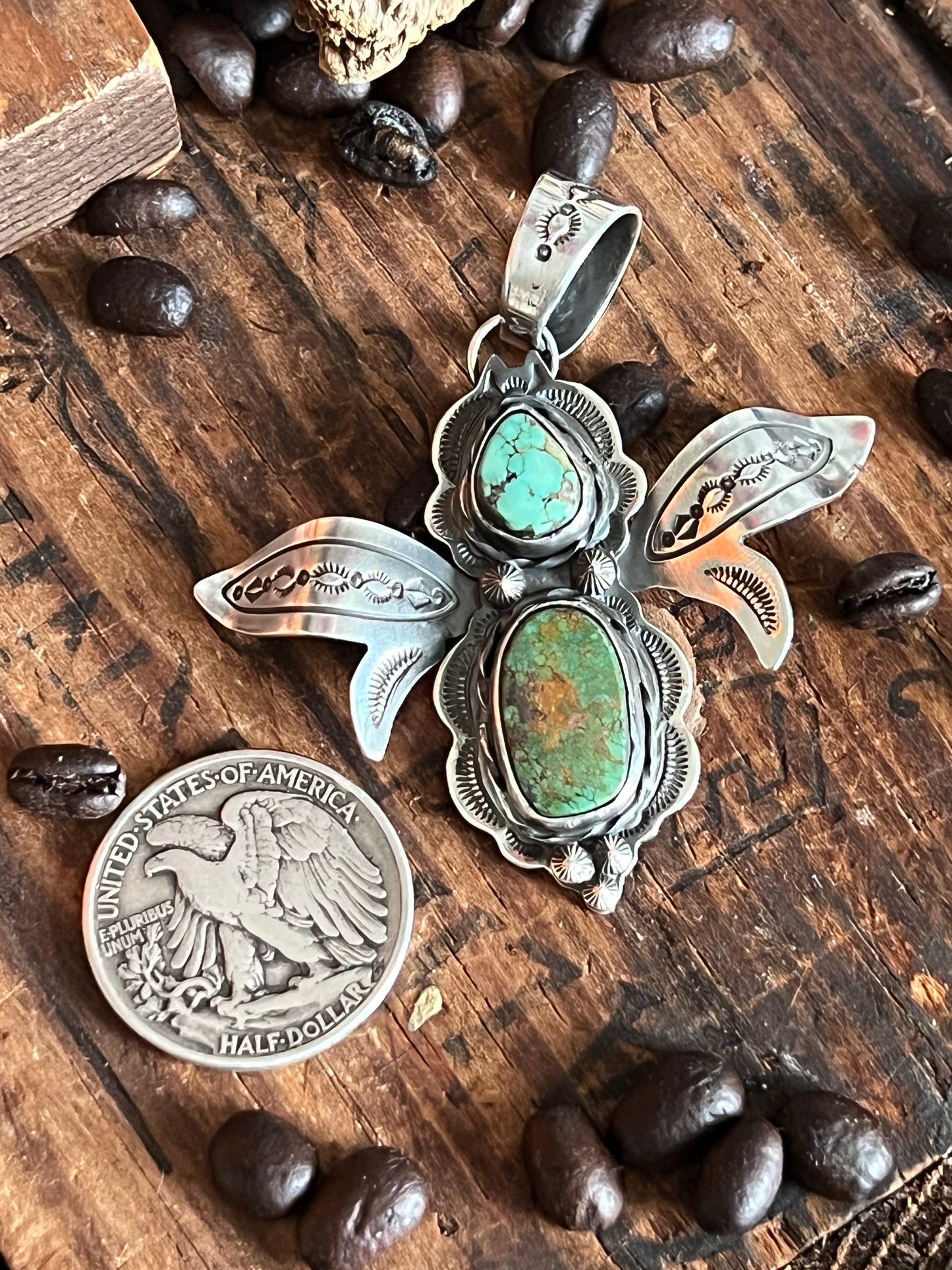 Sterling Silver and Turquoise Winged Bug Pendant by Kimari Somers