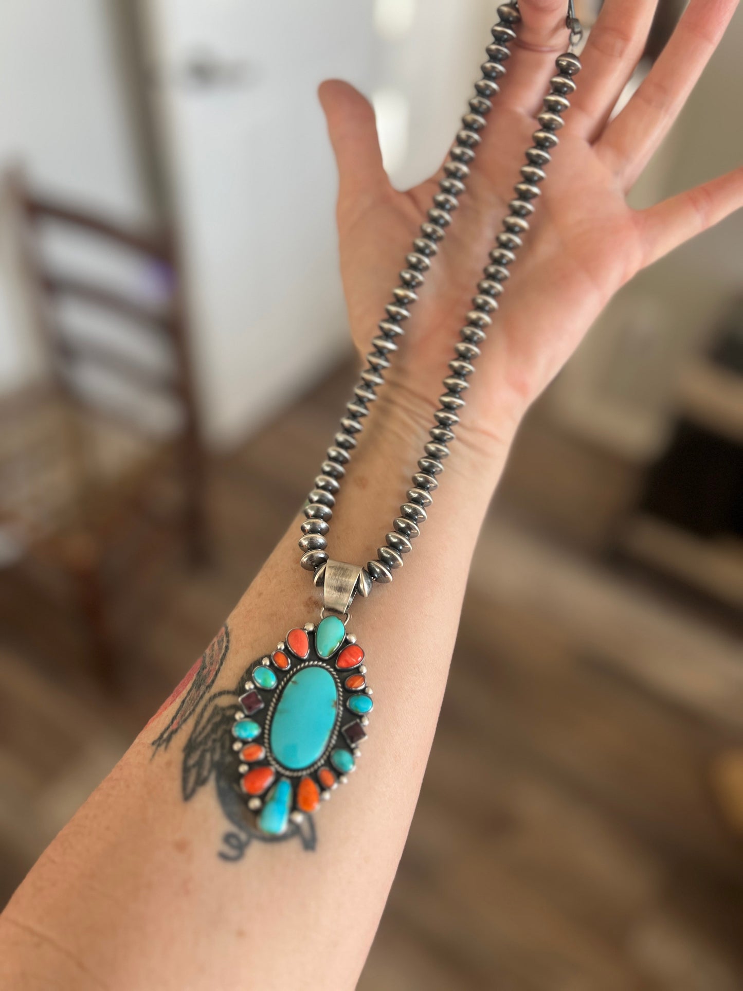 Navajo Electric Rainbow Turquoise and Spiny Oyster Pendant by Angela Martin