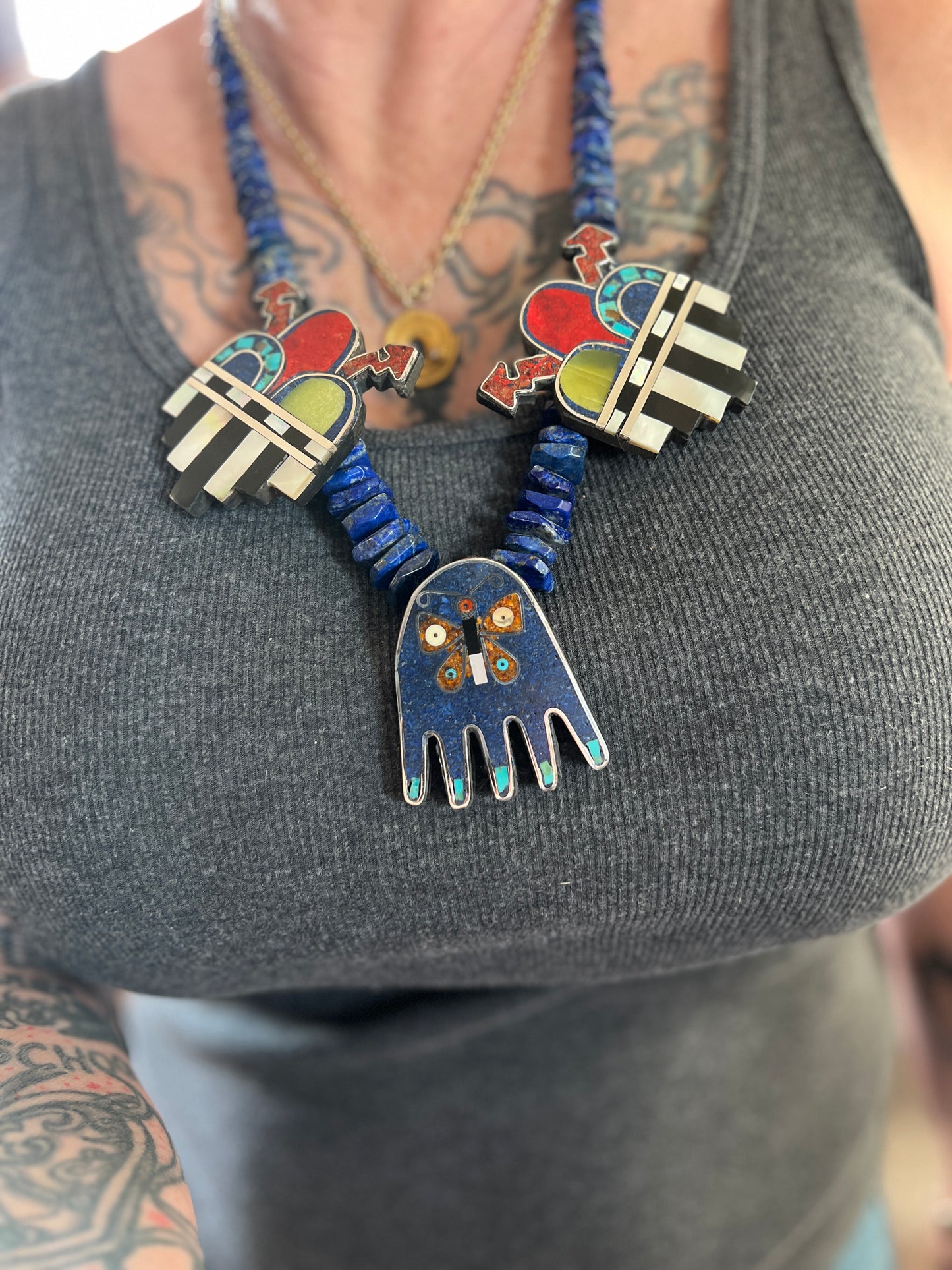 Warren Nieto Sterling Silver and Inlaid Stone Healing Hand and Monsoon Storm Cloud Necklace & Earrings Set