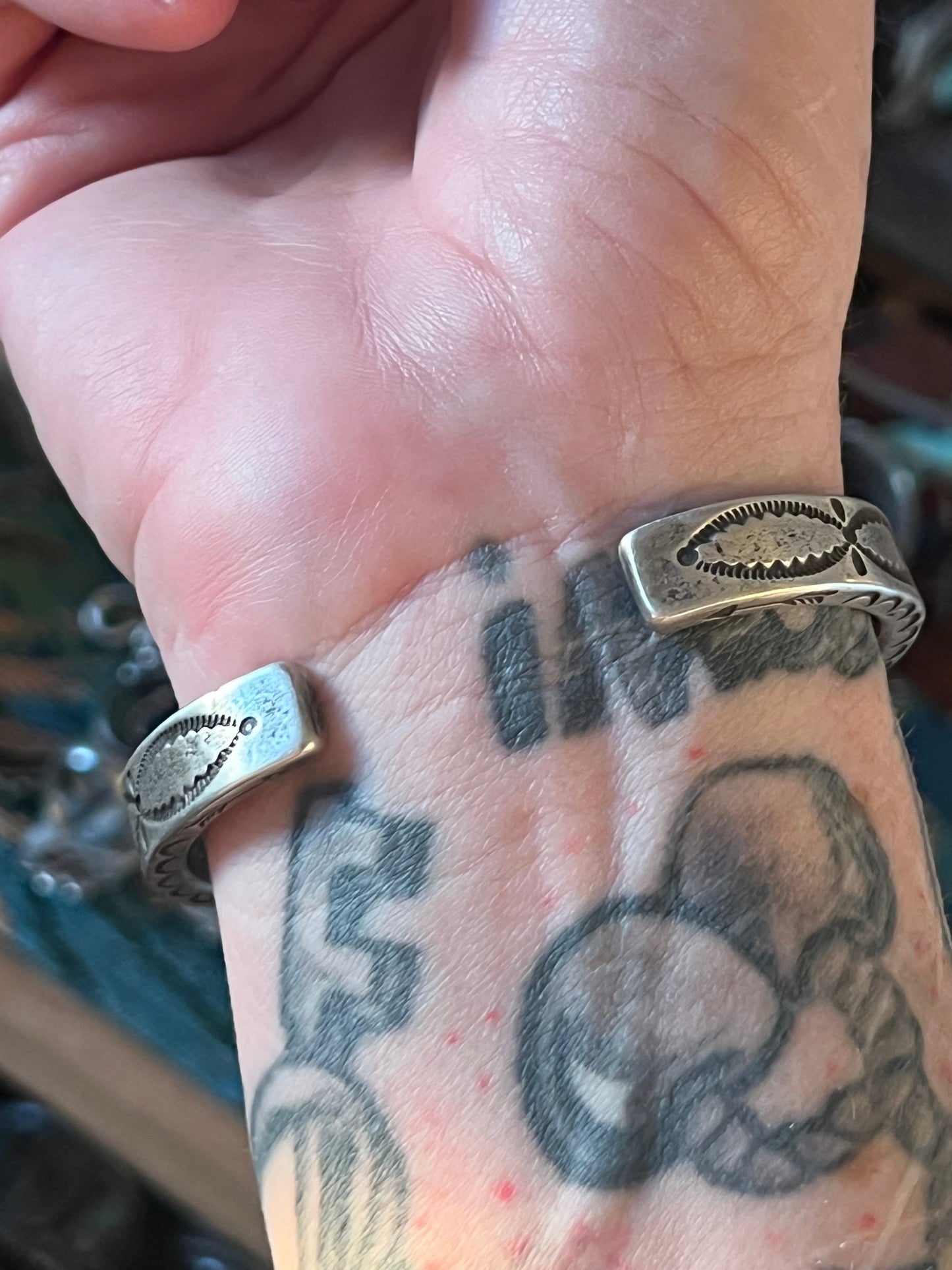 Falcon Trading Company Ingot Coin Silver and Fox Turquoise Inlay Cuff Bracelet by Joe O’Neill