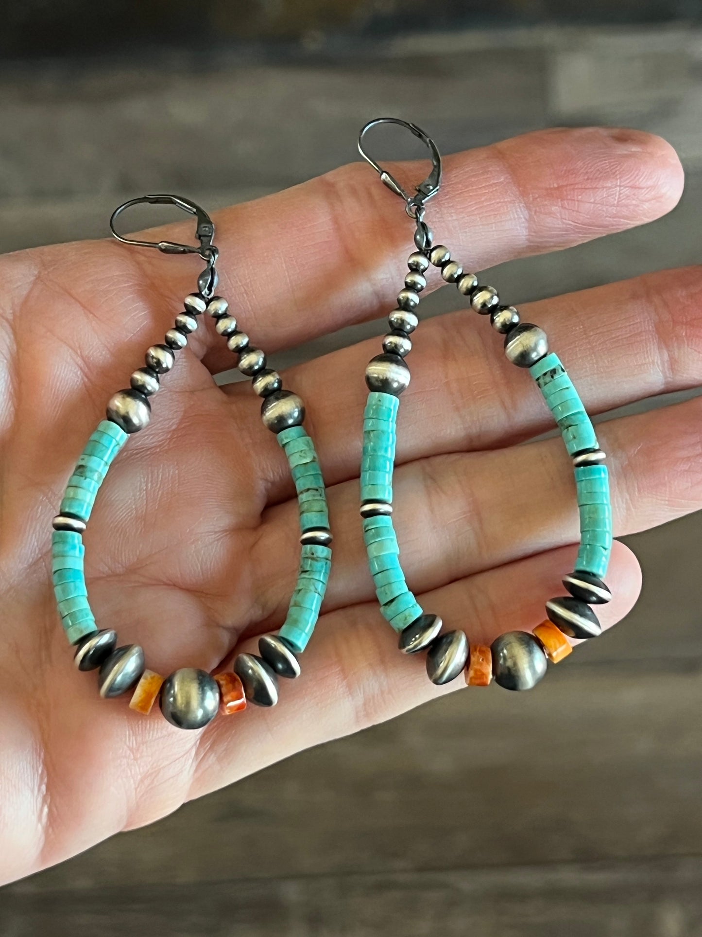 Navajo Made Sterling Silver, Kingman Turquoise and Orange Spiny Oyster Beaded Teardrop Hoop Earrings, Leverback