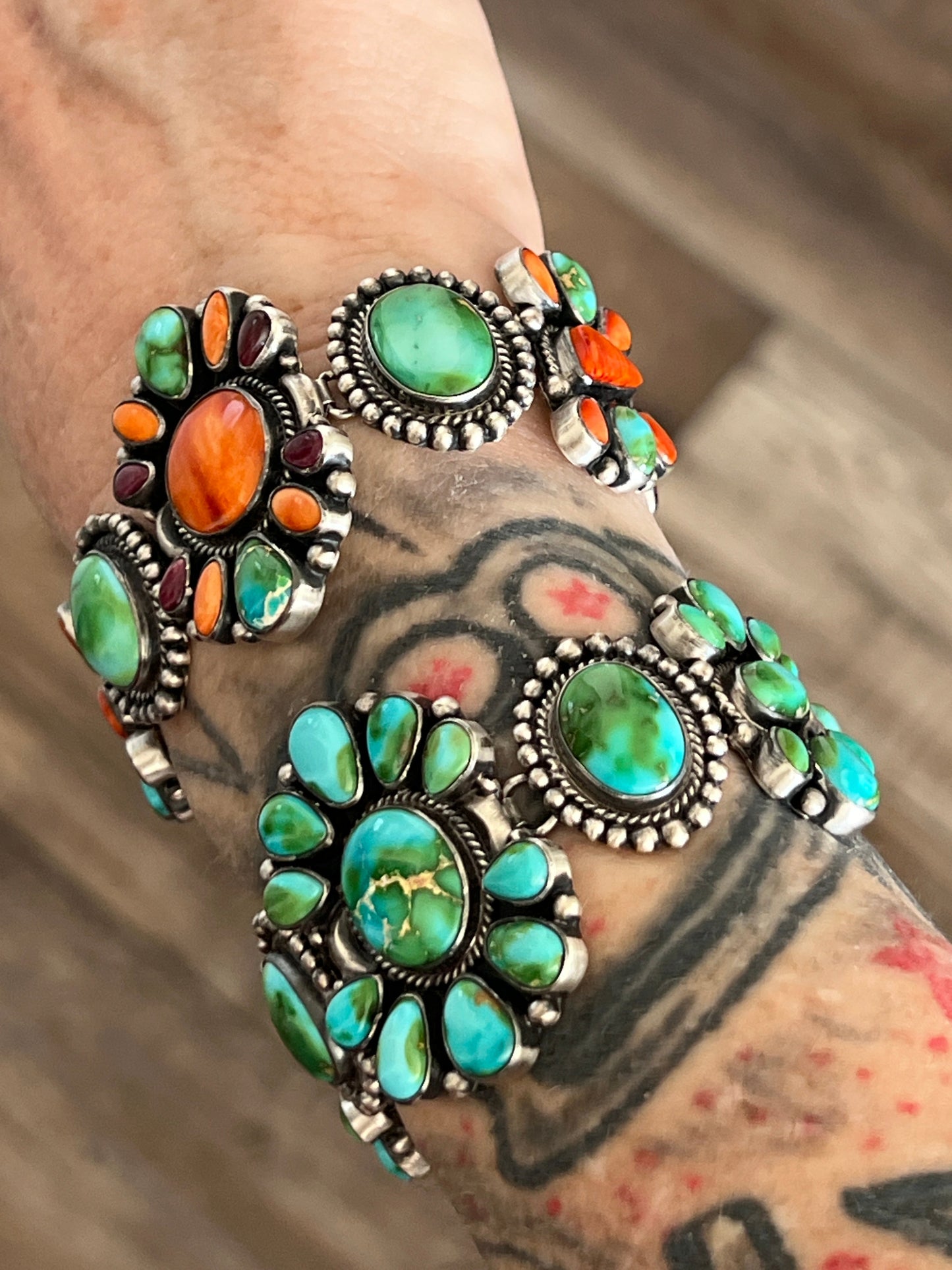 Stunning Navajo Sterling Silver, Sonoran Mountain Turquoise and Spiny Oyster Shell Cluster Link Bracelets by Diane Wylie