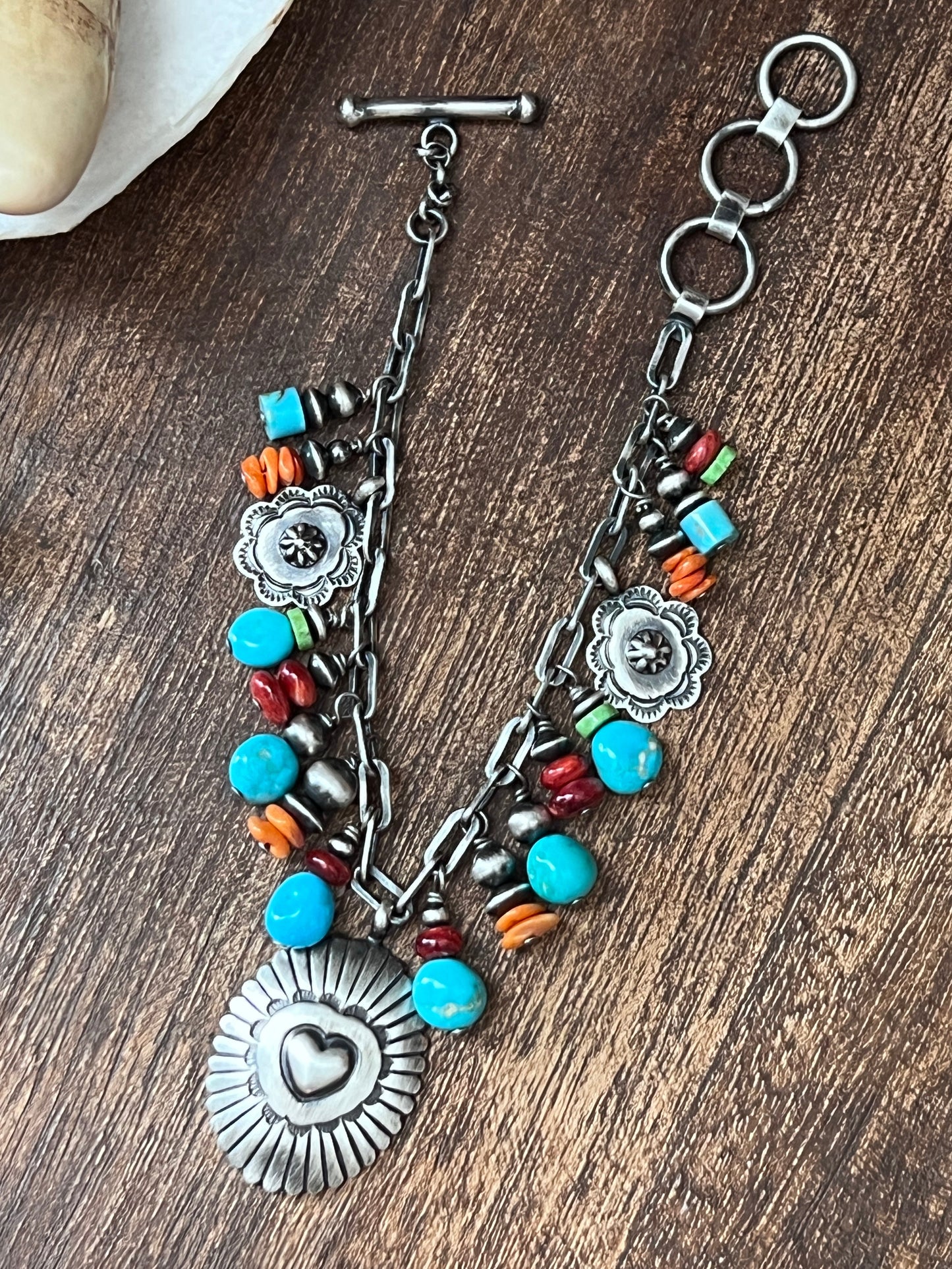 Raymond Coriz Handcrafted Electric Rainbow Sterling Silver Concho & Multistone Beaded Charm Bracelets