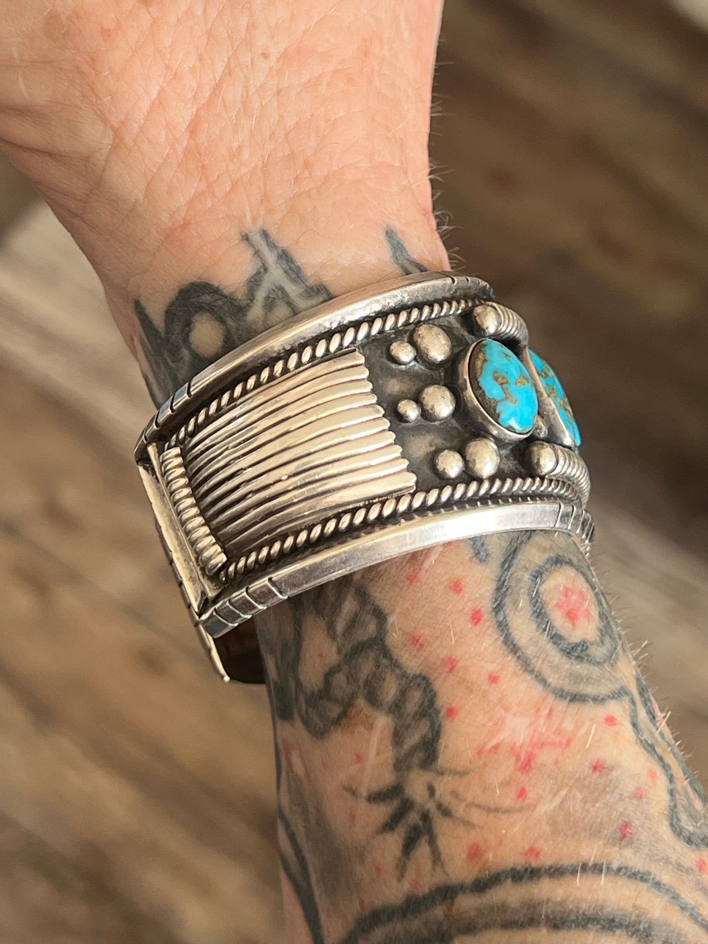 Vintage Hefty Sterling Silver and Turquoise Cuff Bracelet, Signed JY