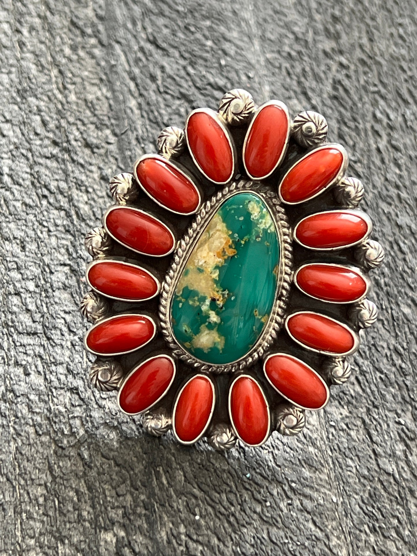 Navajo Sterling Silver, Royston Turquoise and Mediterranean Coral Cluster Ring by Tyler Brown, Adjustable