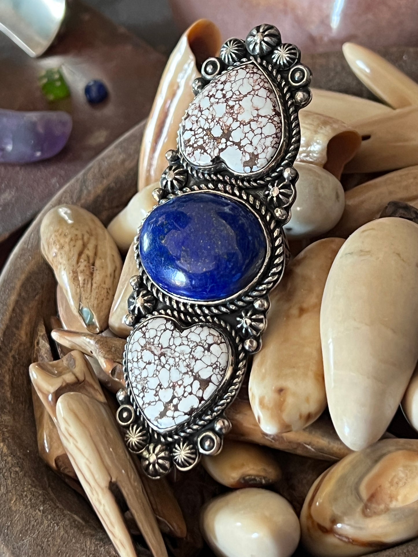 Rosella Paxson Triple Stone Sterling Silver Ring with Wild Horse Magnesite Hearts and Oval Lapis, Sz 8.5