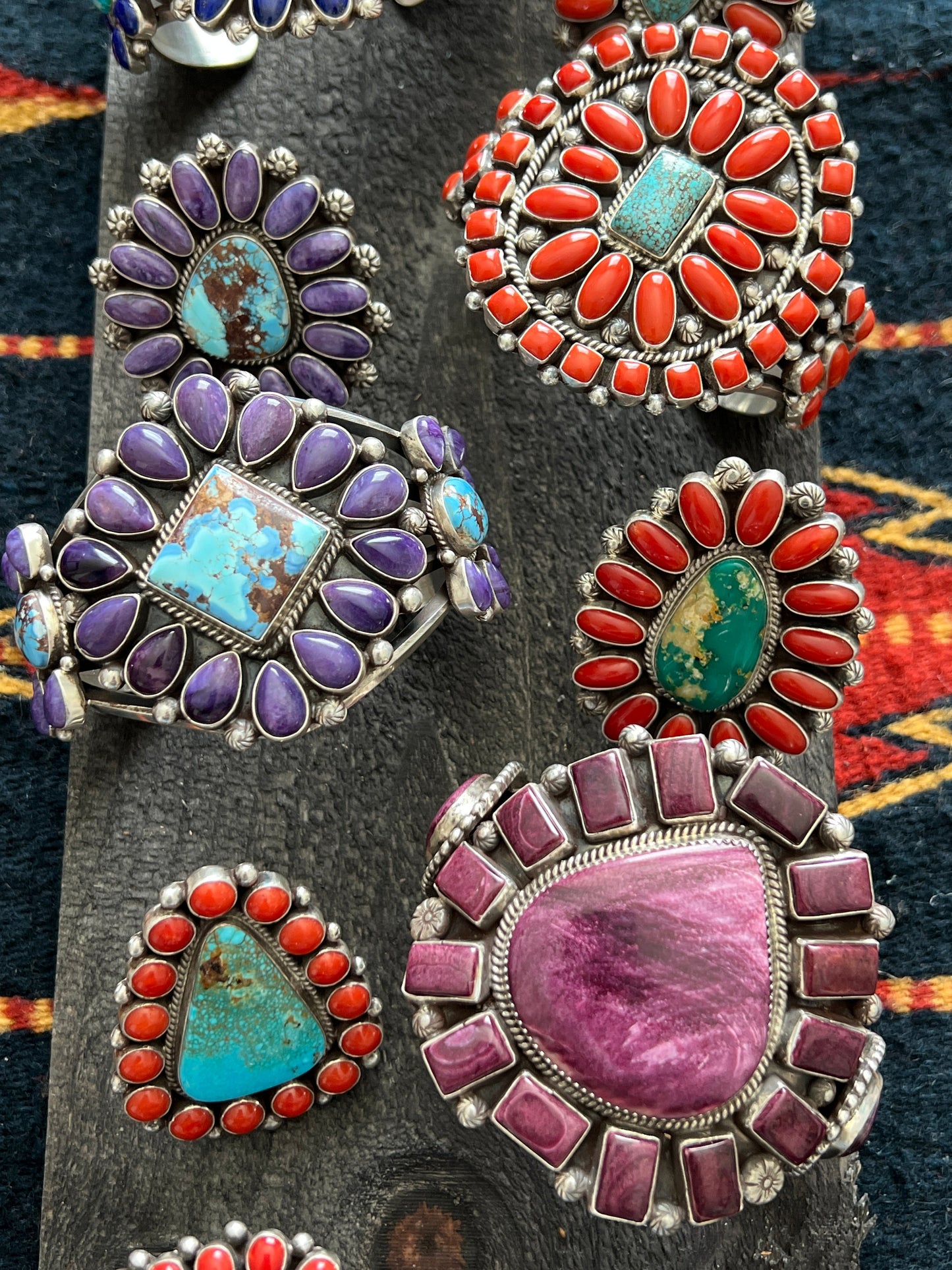 Navajo Sterling Silver, Royston Turquoise and Mediterranean Coral Cluster Ring by Tyler Brown, Adjustable