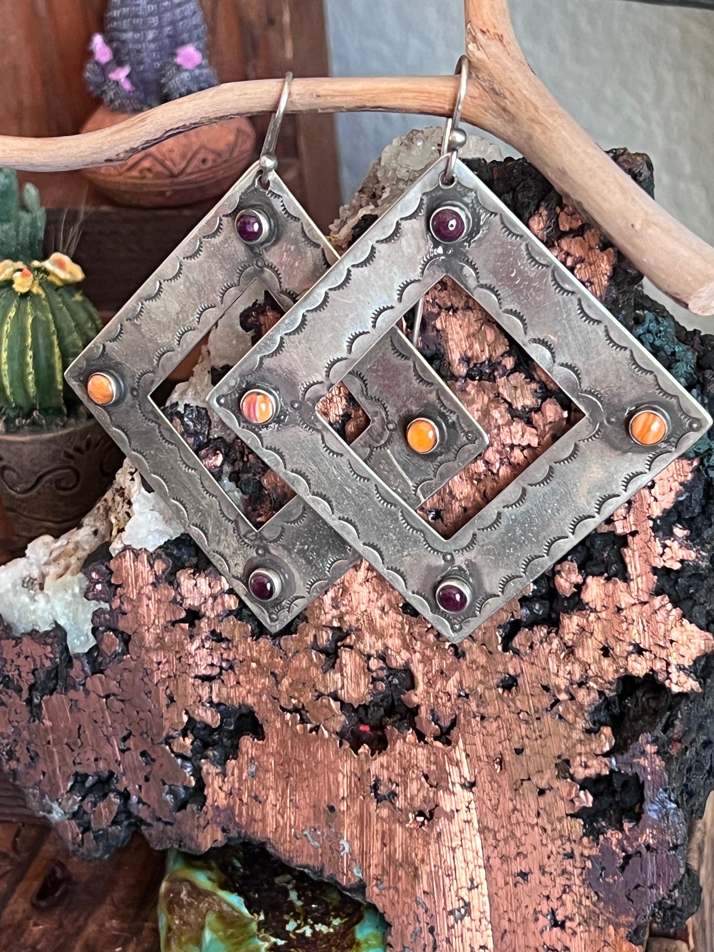 Kimari Somers Handcrafted Square Sterling Silver and Spiny Oyster Shell Earrings