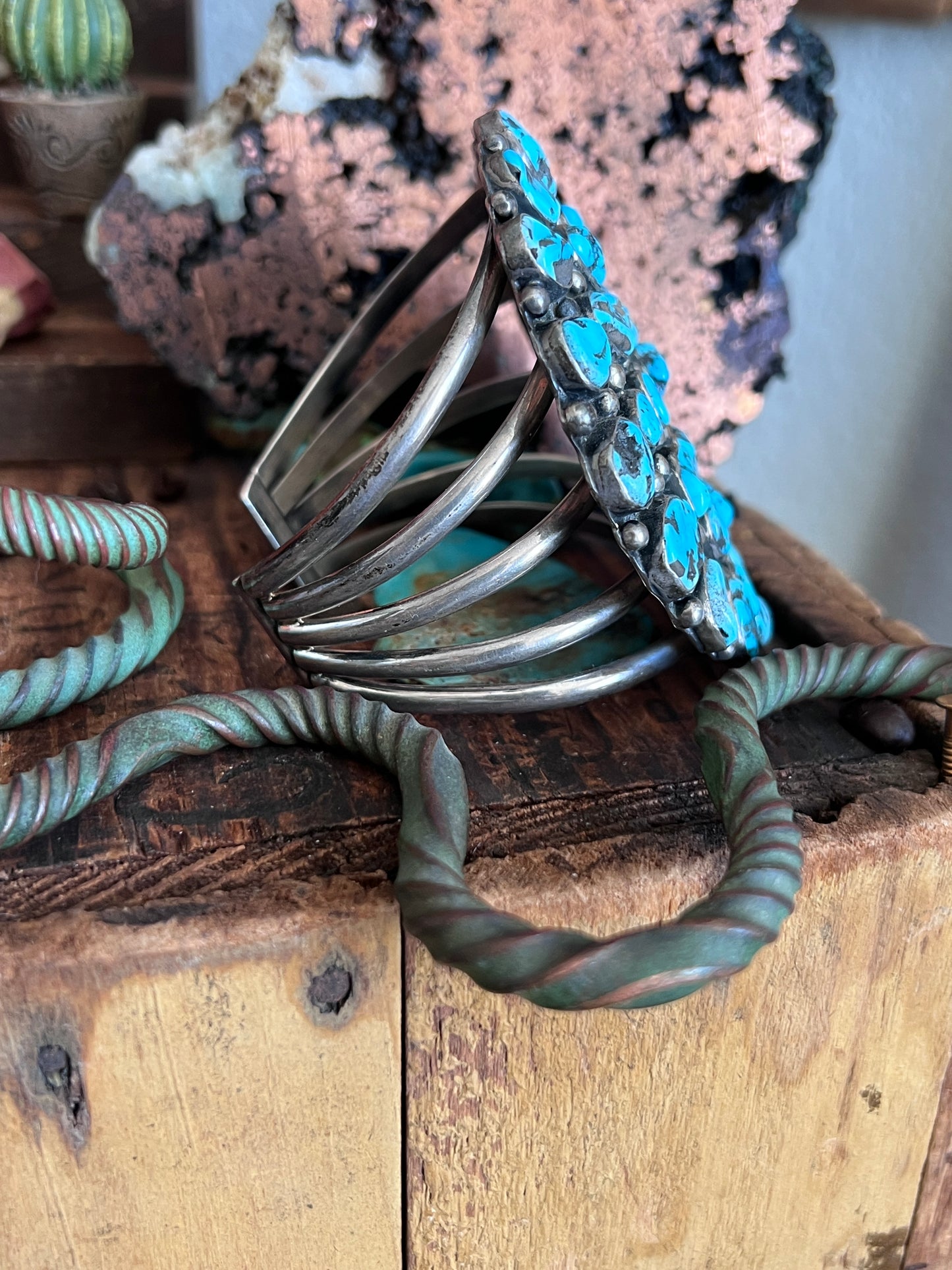 Vintage Sterling Silver and Kingman Nugget Turquoise Cluster Cuff Bracelet