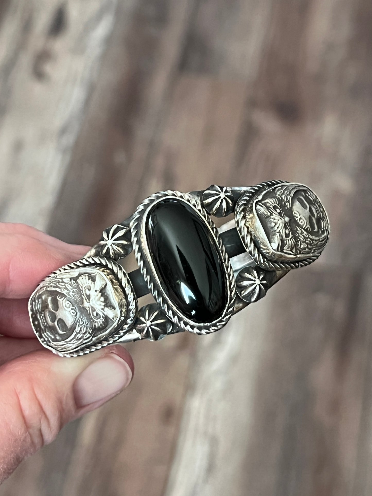 Rosella Paxson Onyx, Sterling Silver & Fine Silver Owl/Skull Cuff Bracelet