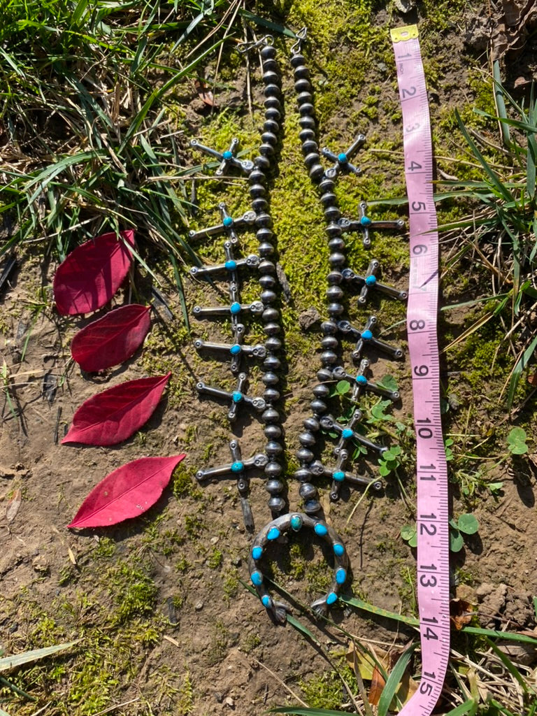 Vintage Sterling Silver and Turquoise Cross Squash Blossom Style Necklace Unsigned