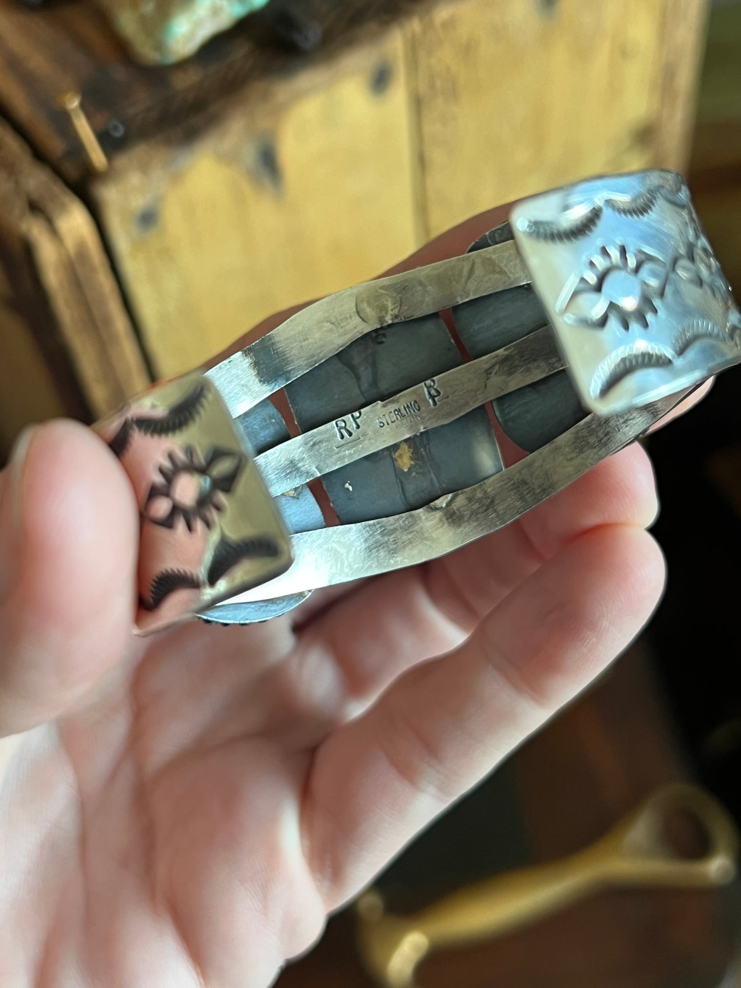 Rosella Paxson Sterling Silver Cuff with Wild Horse Magnesite Hearts and Rectangular Onyx