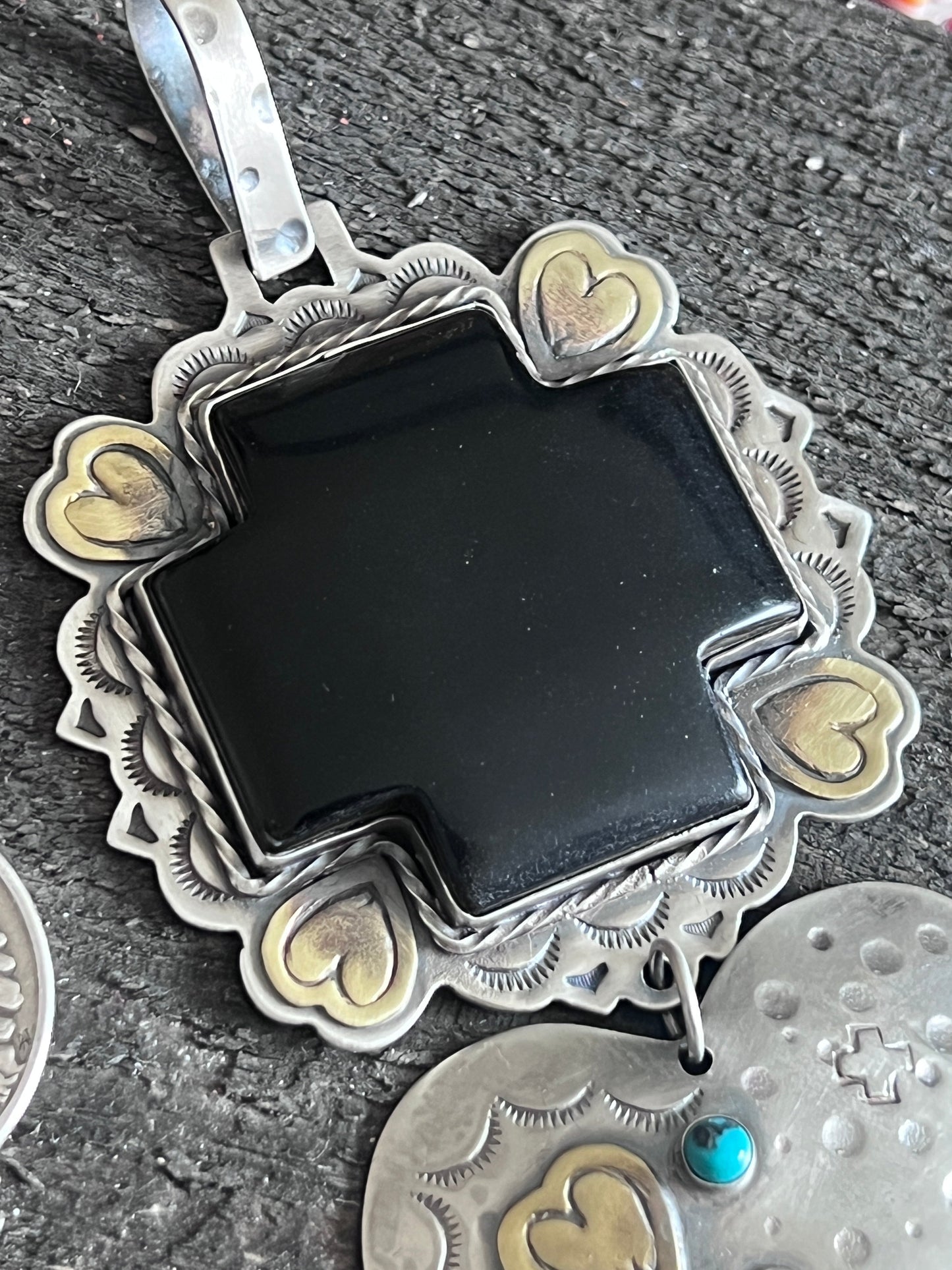 Hand Stamped Sterling Silver & Black Marble Santa Fe Cross and Heart Pendant by Kimari Somers