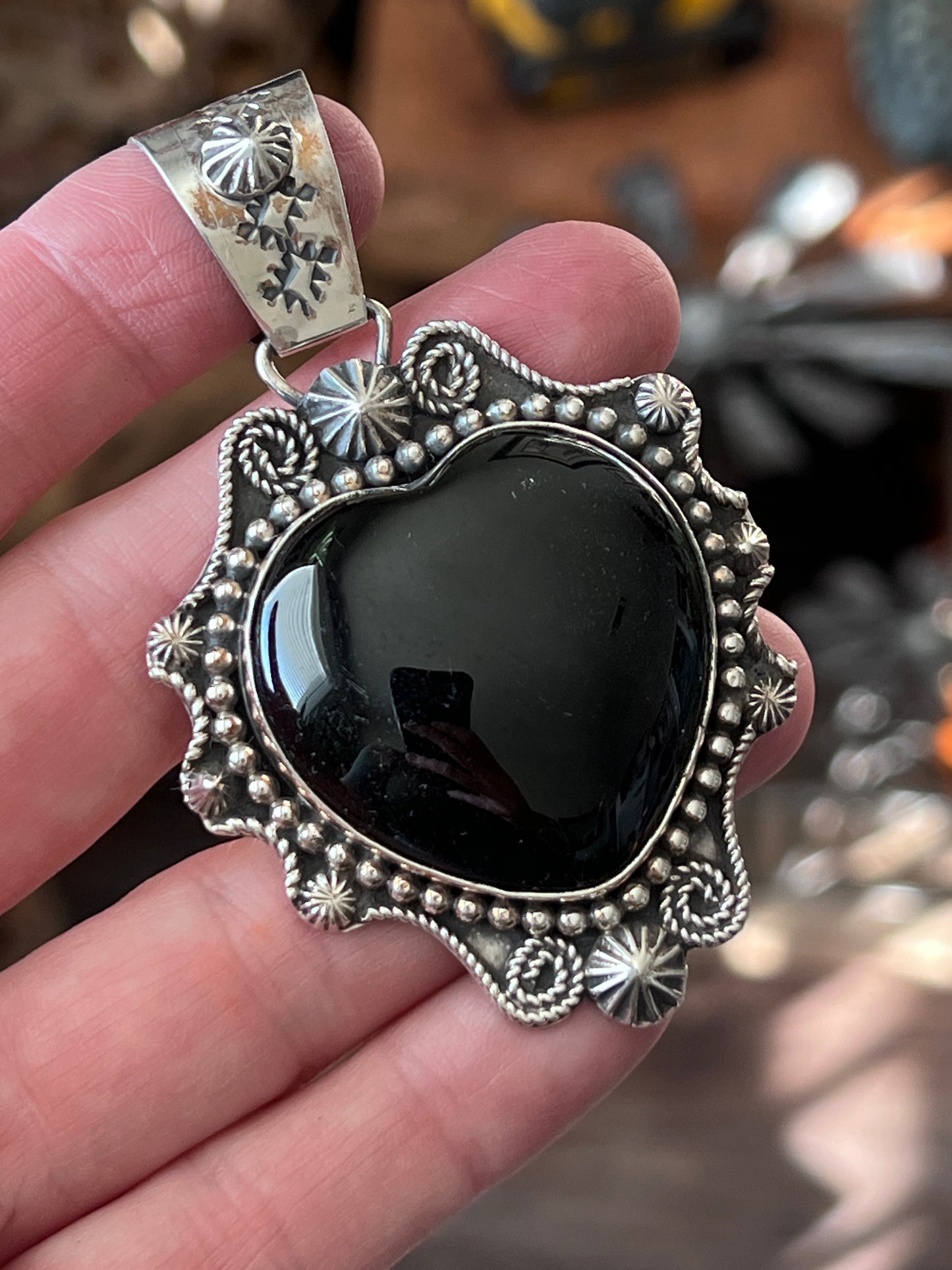 Black Onyx and Sterling Silver Heart Pendants by Rosella Paxson