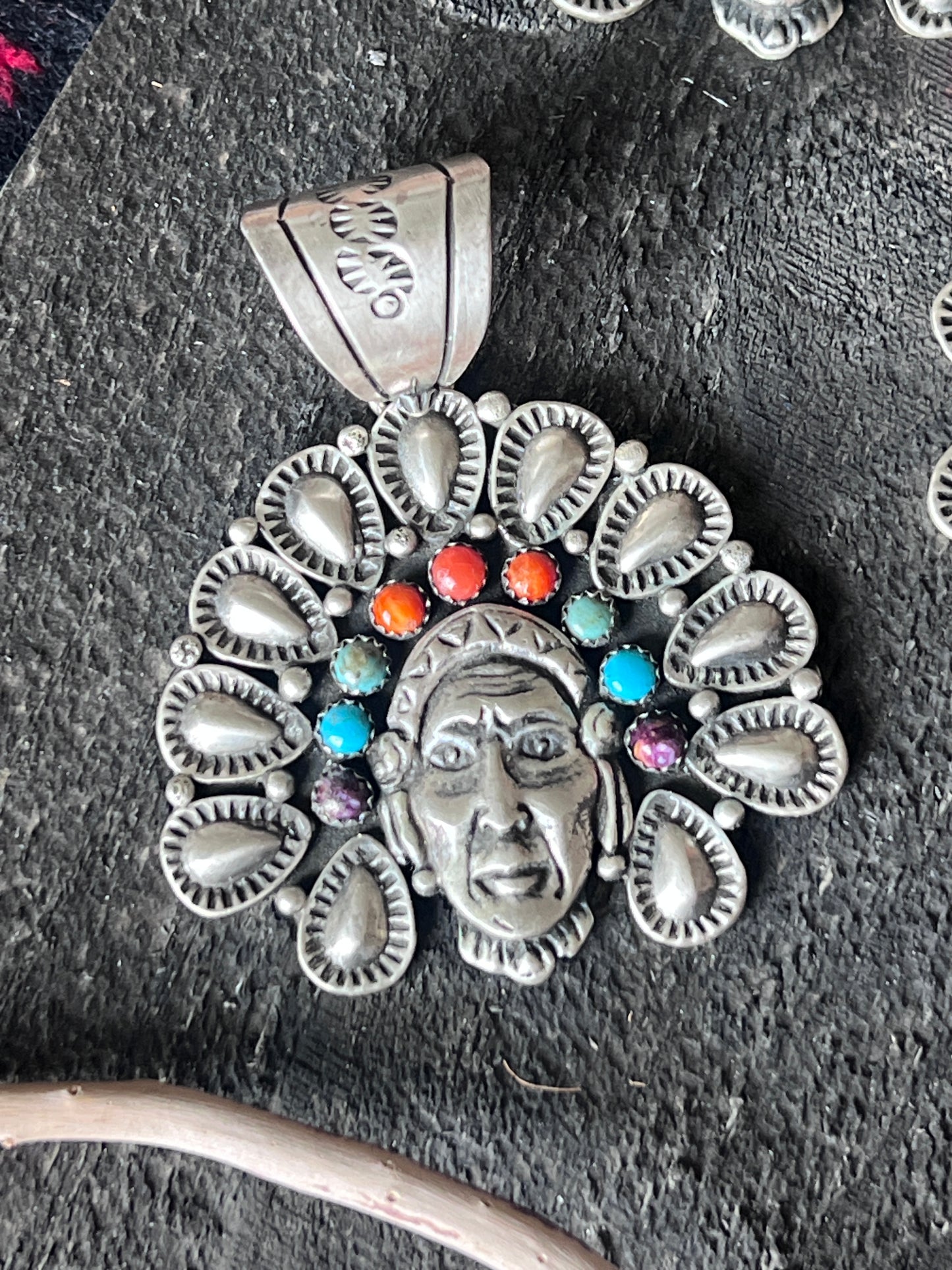 Sterling Silver Chief Pendant by Patrick Yazzie: Coral, Turquoise or Rainbow
