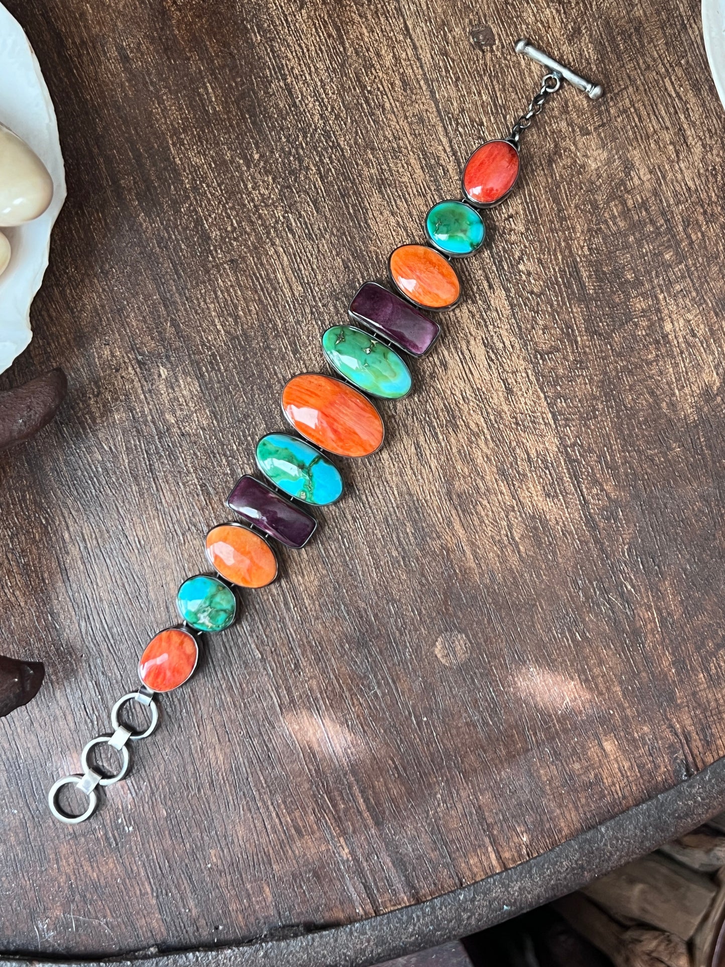 Loretta Delgarito Sterling Silver Electric Rainbow Link Turquoise and Spiny Oyster Bracelet, Ovals & Rectangles