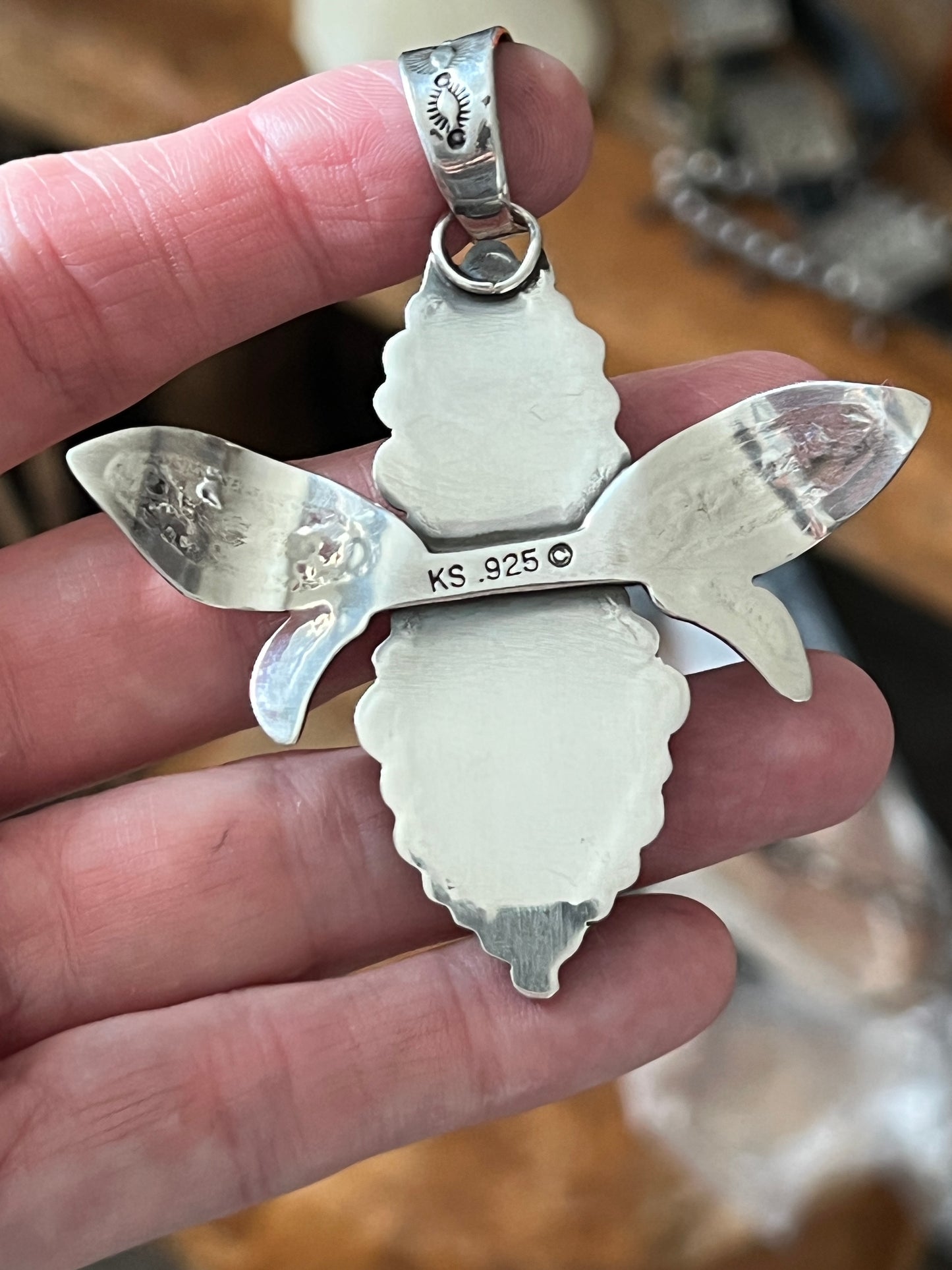 Hand Stamped Sterling Silver and Turquoise Winged Bug Pendant by Kimari Somers