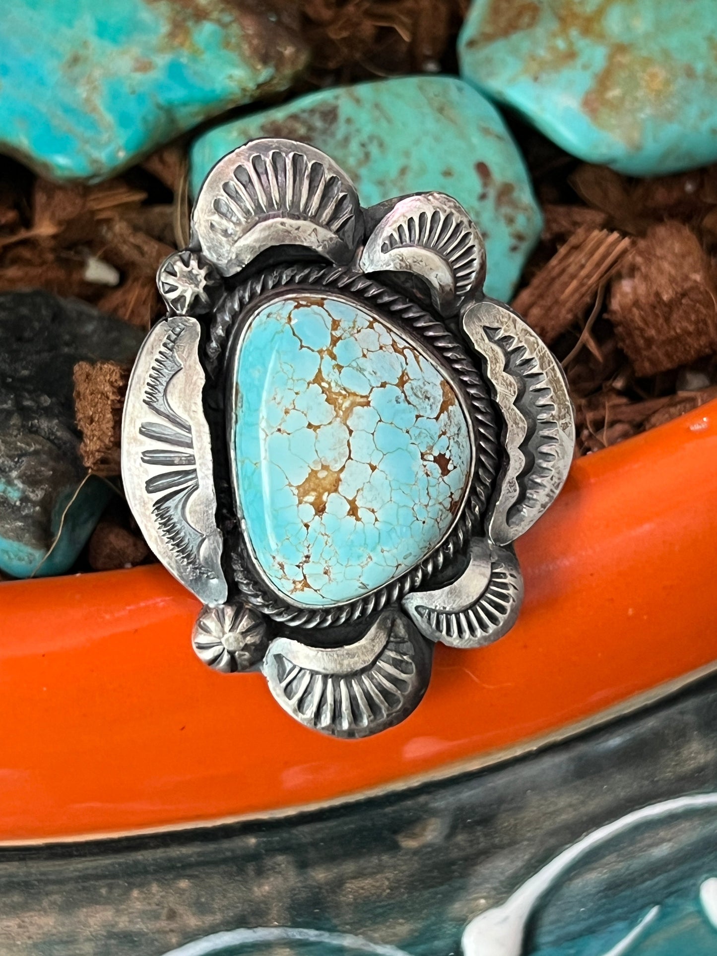 Sterling Silver and Number 8 Turquoise Ring by Navajo Artist, Gilbert Tom, Size 10.5