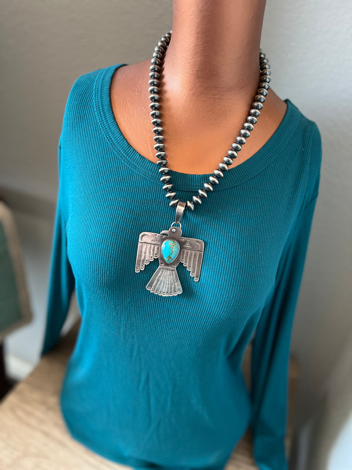 Kimari Somers Hand Stamped Sterling Silver & Kingman Turquoise Thunderbird Pendant 2