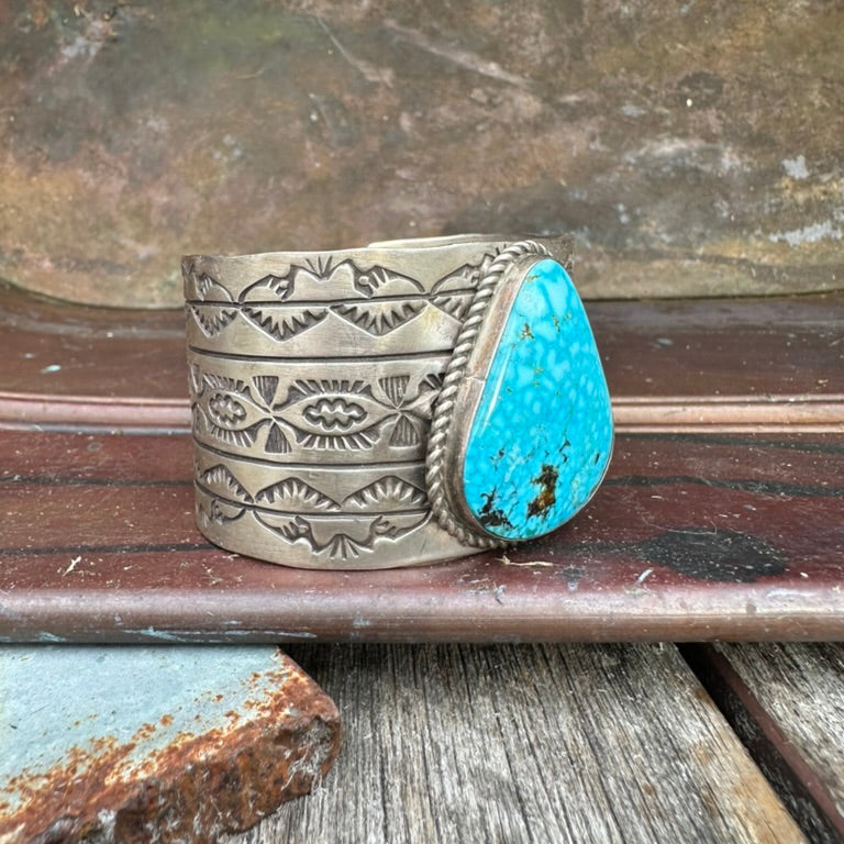 Navajo Made Wide Sterling Silver and Turquoise Teardrop Cuff Bracelet Signed B.E.