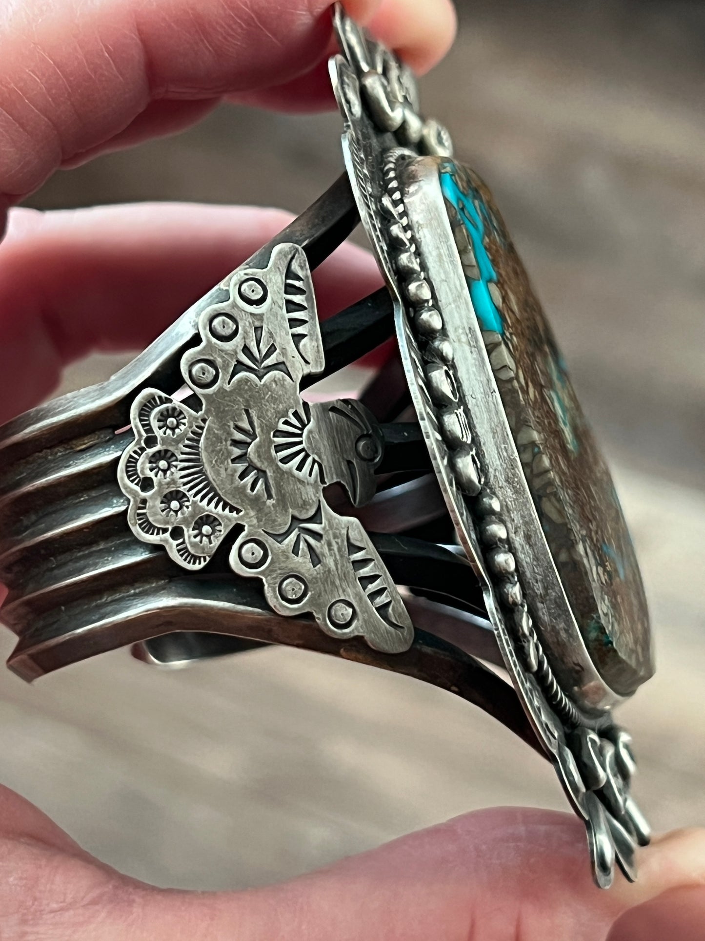 Chunky Dean Sandoval Sterling Silver and Pilot Mountain Turquoise Thunderbird Cuff Bracelet