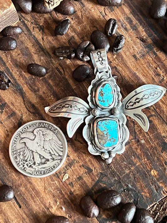 Handcrafted Kimari Somers Sterling Silver and Turquoise Winged Bug Pendant
