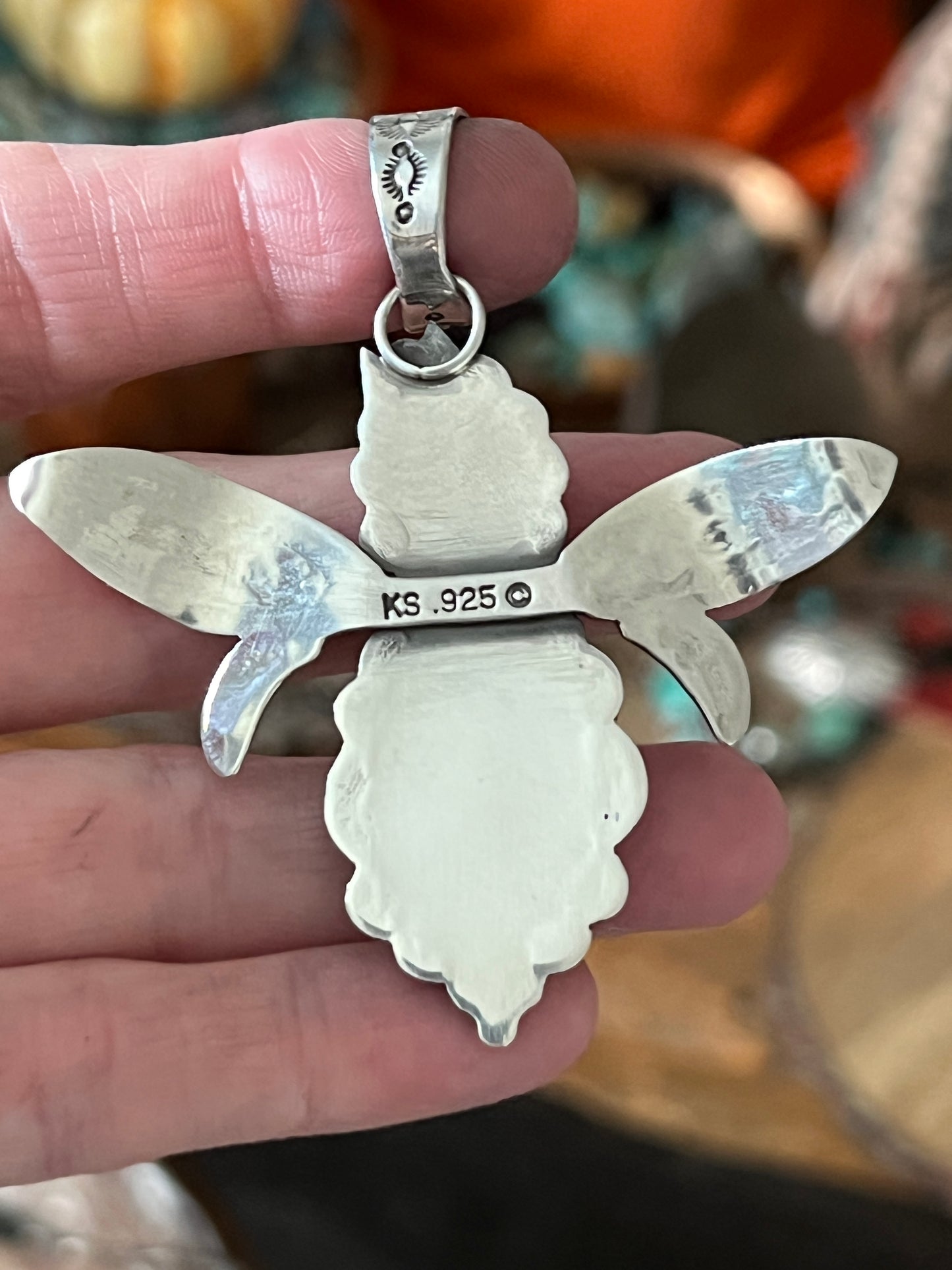 Kimari Somers Hand Stamped Sterling Silver and Turquoise Winged Bug Pendant