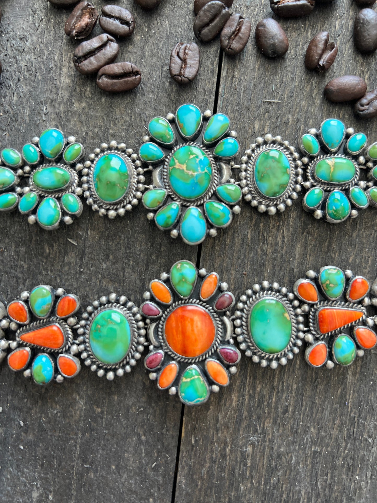 Stunning Navajo Sterling Silver, Sonoran Mountain Turquoise and Spiny Oyster Shell Cluster Link Bracelets by Diane Wylie