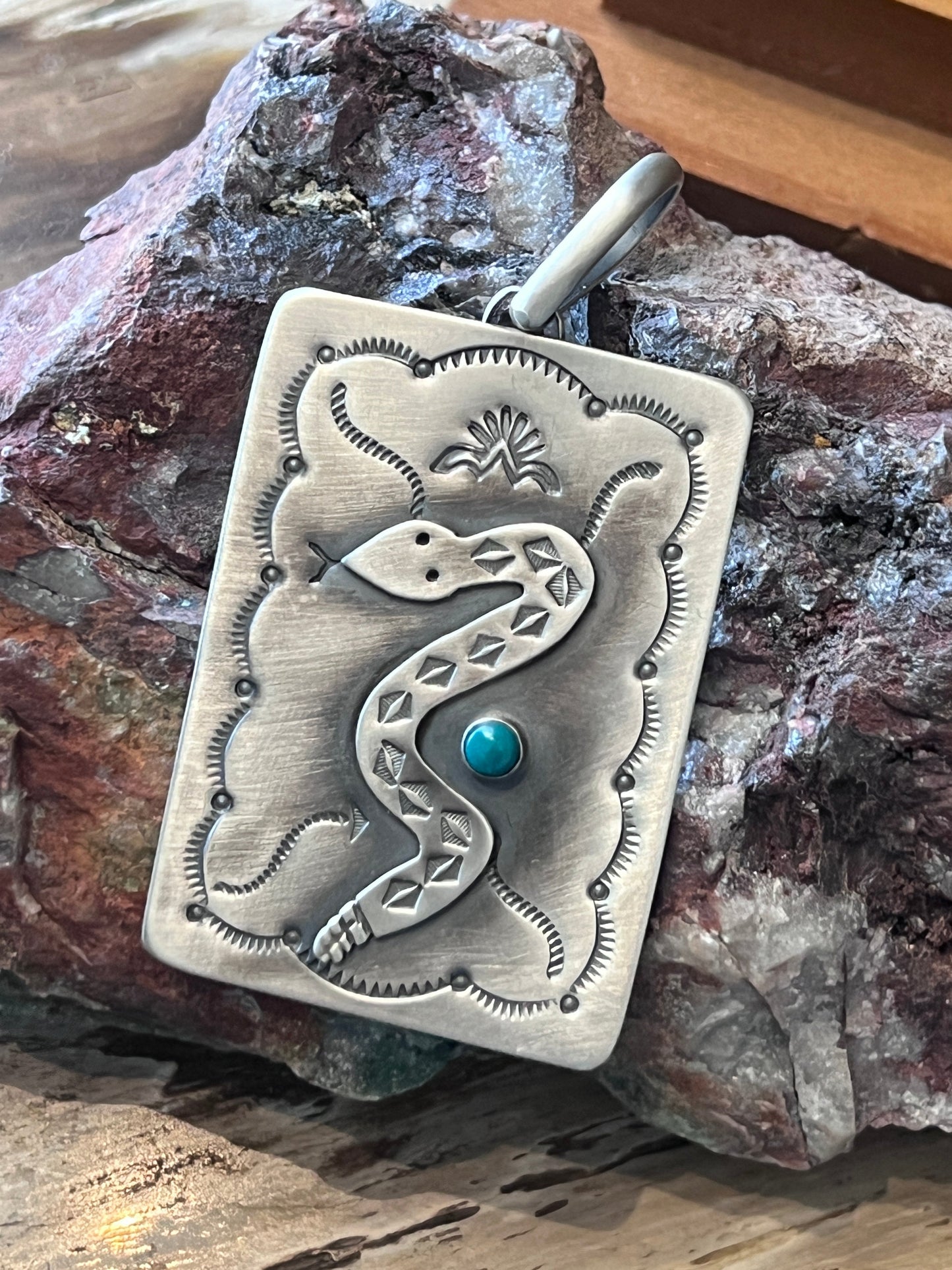 Hand Stamped Sterling Silver Fred Harvey Era Inspired Snake Tag Pendant by Kimari Somers