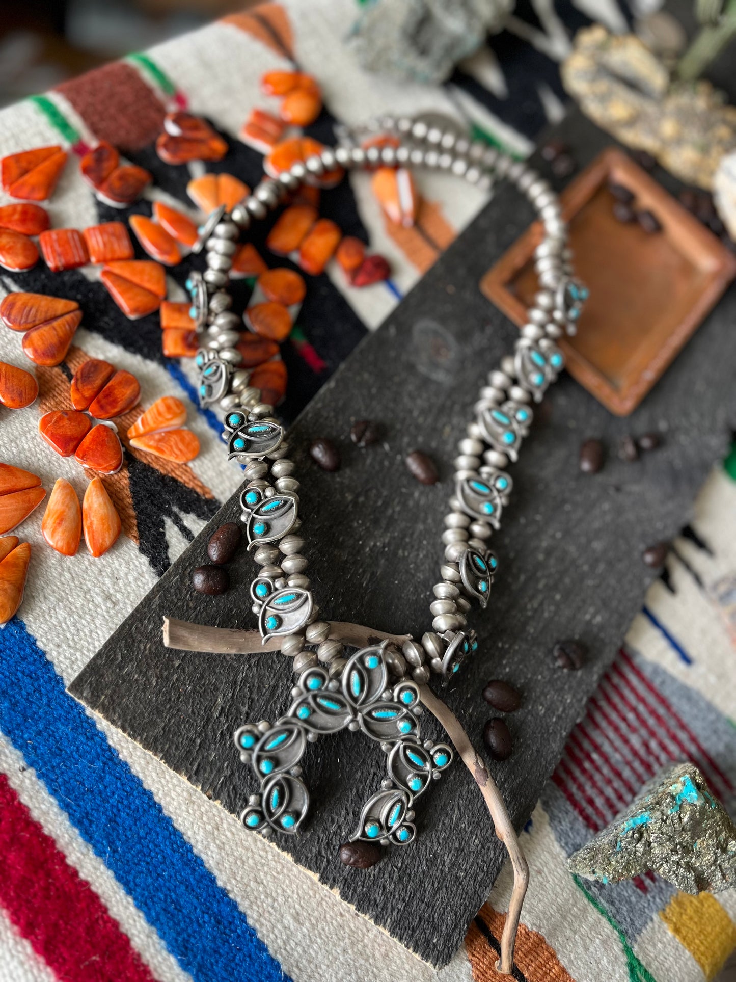 Vintage Unsigned Sterling Silver and Turquoise Squash Blossom, Zuni Style
