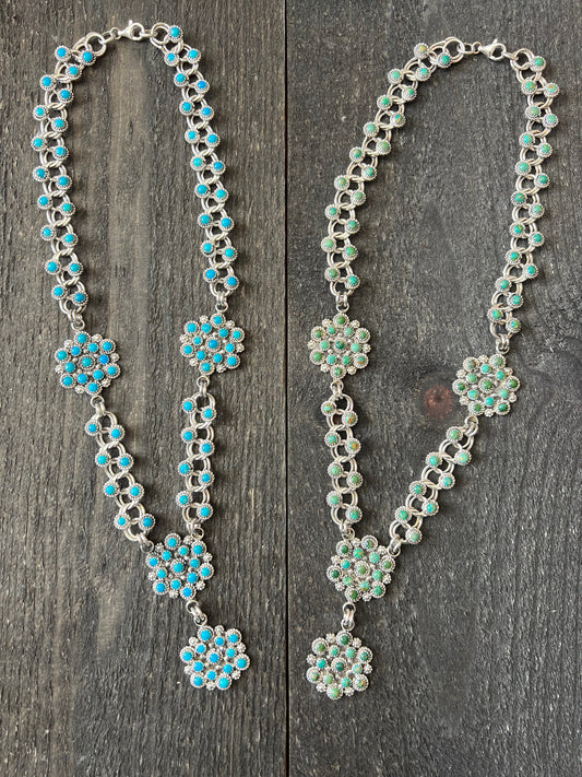 Zuni Sterling and Snake Eye Turquoise Link and Cluster Necklace by Dillon Cheama