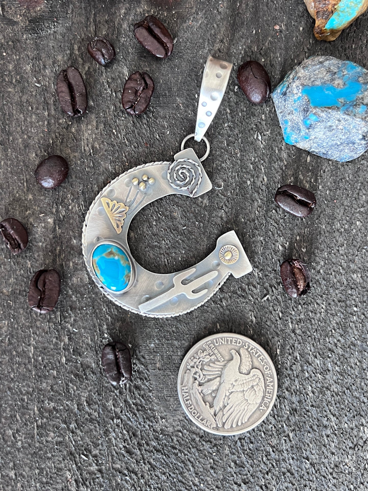 Kimari Somers Hand Stamped Sterling Silver Sonoran Desert Horseshoe Pendant with Brass & Royston Turquoise