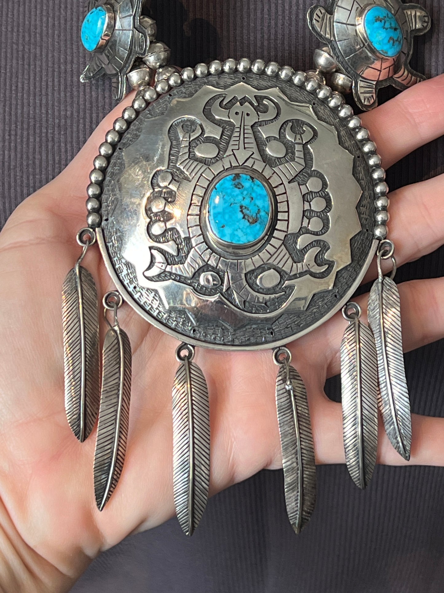 Vintage Sterling silver and Turquoise Turtle Themed Squash Blossom Style Necklace