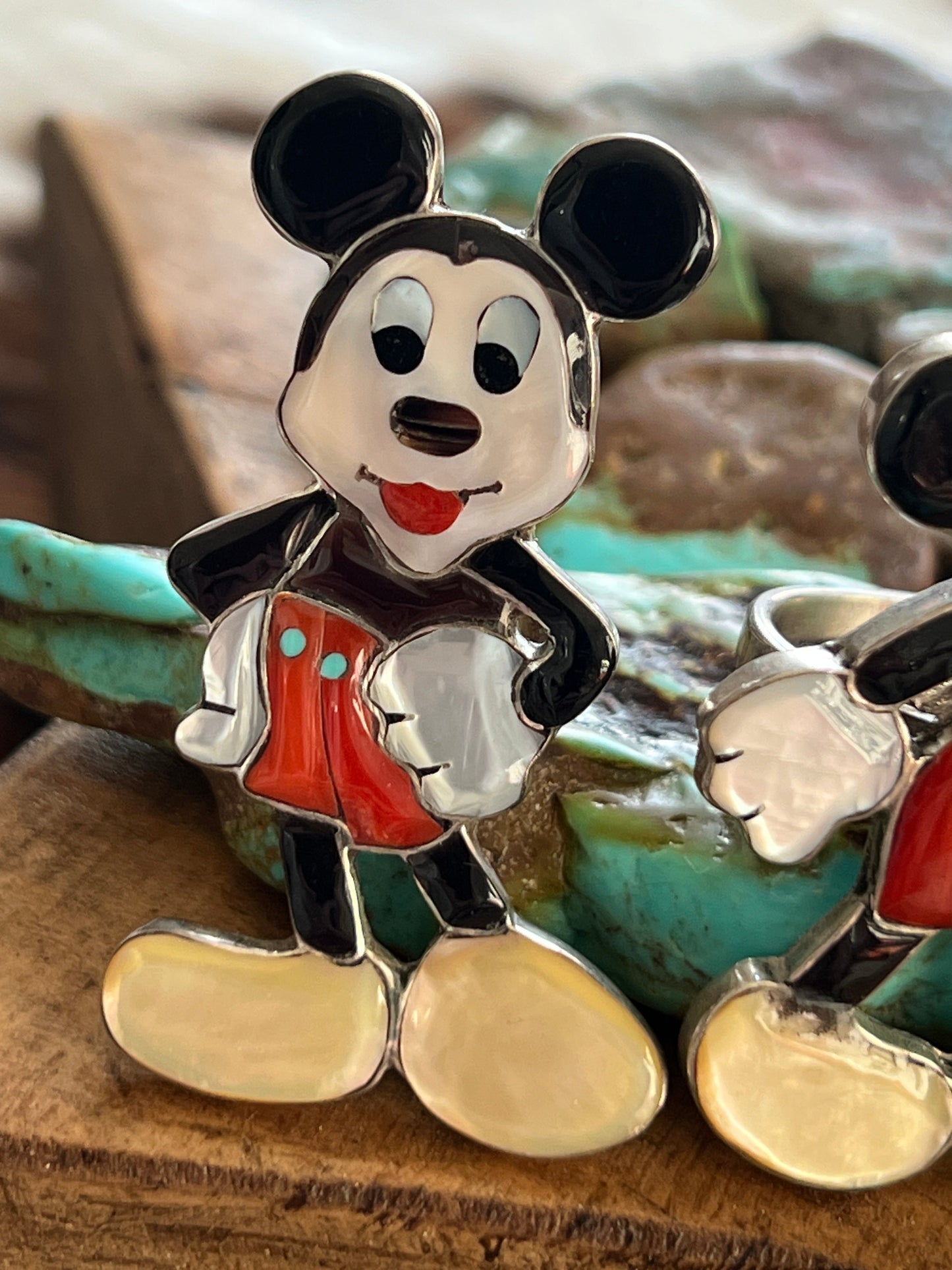 Zuni Made Mickey Mouse Multi Stone Inlay Rings by Don Dewa, Adjustable