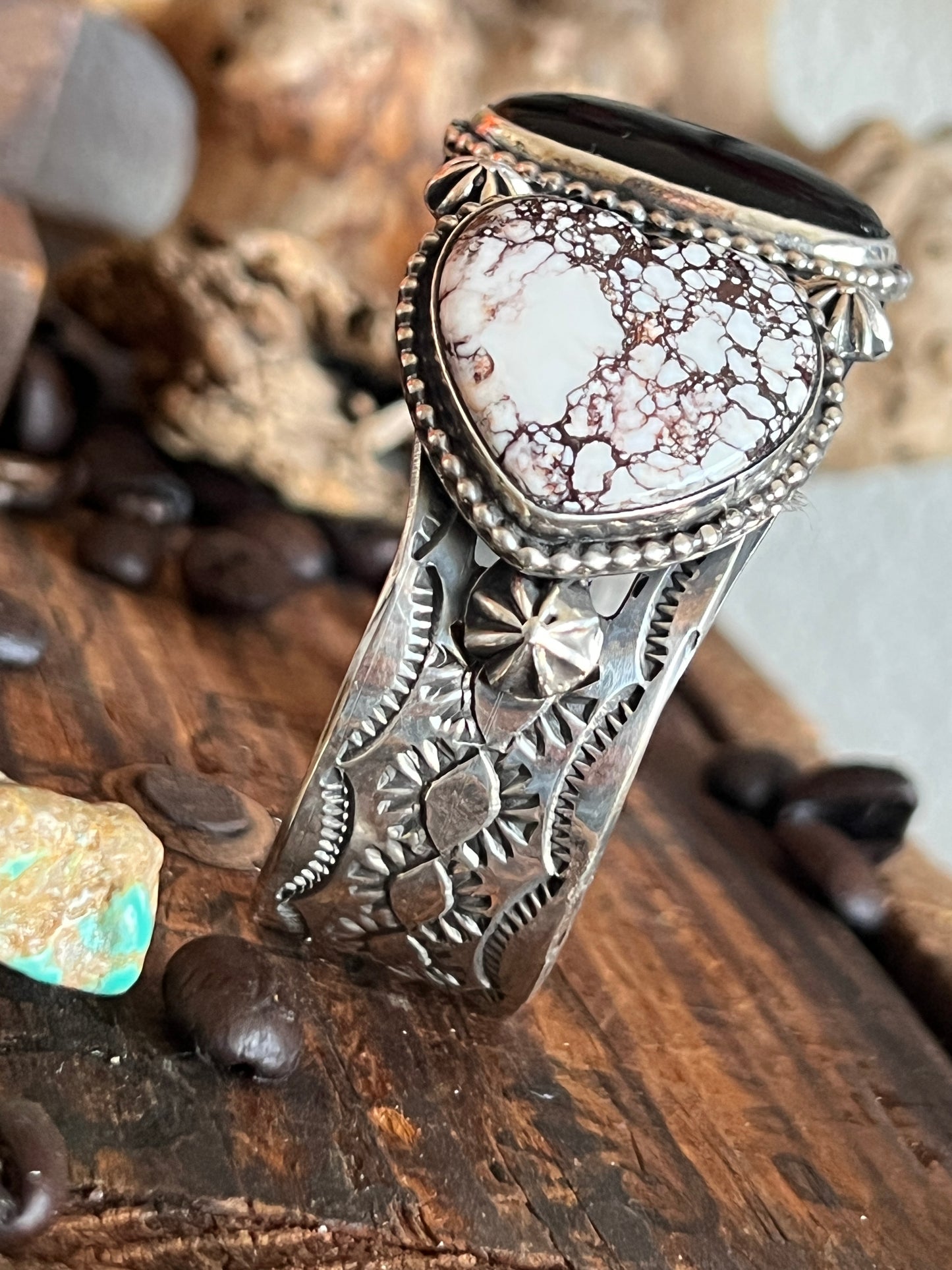 Rosella Paxson Sterling Silver Cuff Bracelet with Wild Horse Magnesite Hearts and Oval Onyx